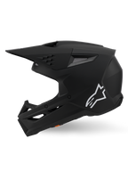 Alpinestars S-M3 Solid Helmet ECE 22.06, Motocross Helmet, Matte Black, side profile view featuring a white Astars logo, angular shell design with integrated ventilation ports and protective visor, off-road racing performance gear