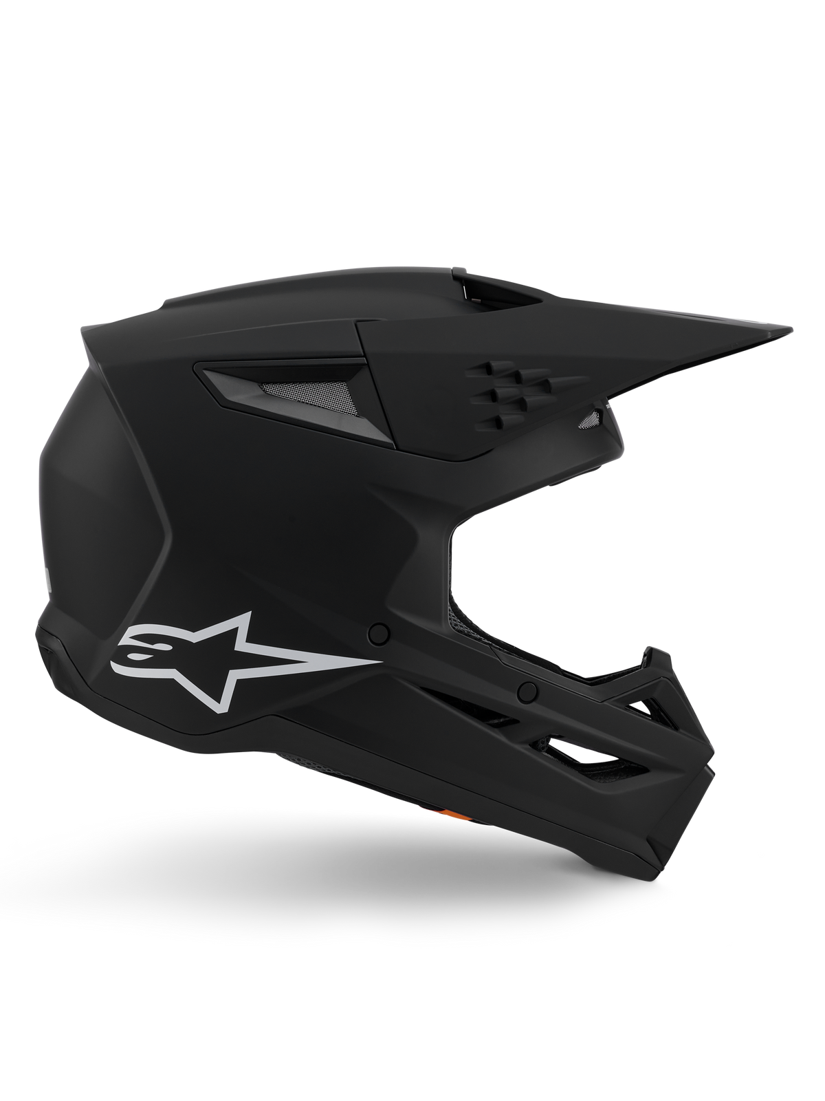 Alpinestars S-M3 Solid hjälm, motocrosshjälm, mattsvart finish, sidoprofil med en vit Alpinestars-logotyp, aerodynamiskt skal med flera ventilationsportar och ett stort visir, professionell skyddsutrustning för terrängkörning