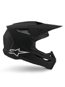 Alpinestars S-M3 Solid Helmet, Motocross Helmet, Matte Black finish, side profile featuring a white Alpinestars logo, aerodynamic shell with multiple ventilation ports and large visor, professional-grade off-road protective headgear