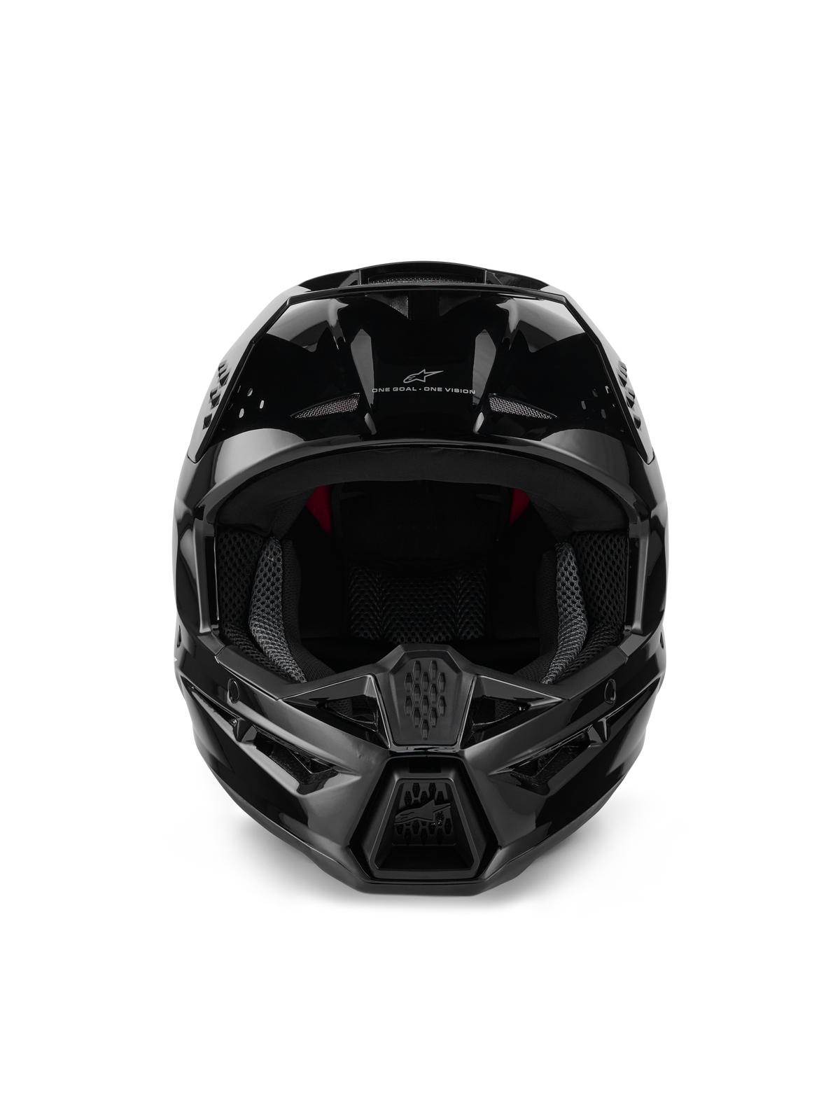 Alpinestars S-M3 Solid-hjälm ECE 22.06, motocrosshjälm, svart glansig, vy framifrån som visar luftintag, strömlinjeformat aerodynamiskt skal med glansig finish, med Alpinestars logotyp och "One Goal. One Vision."-märkning