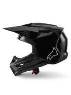 Alpinestars S-M3 Solid Helmet, Motocross Helmet, Black Glossy, side profile view, featuring a silver Alpinestars logo, aerodynamic visor, and multiple ventilation ports for off-road racing