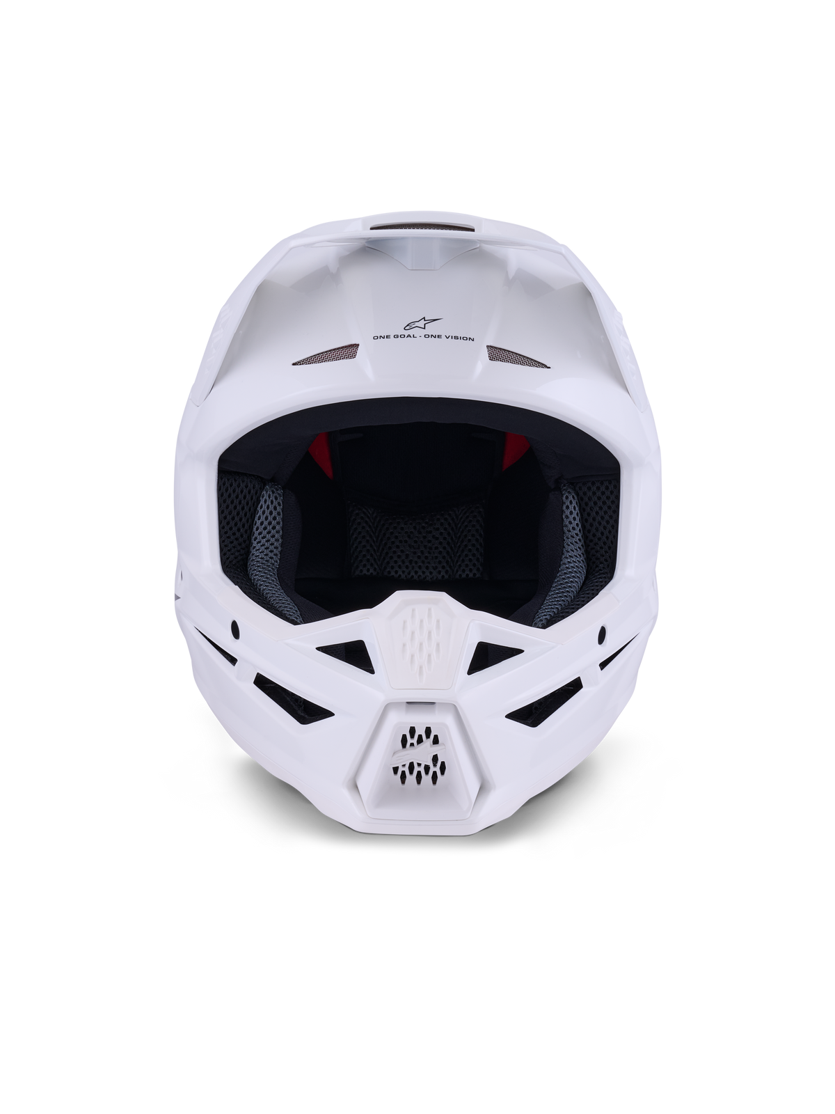 Alpinestars S-M3 Solid-hjälm ECE 22.06, motocrosshjälm, vit glansig, vy framifrån med flera ventilationsintag på hakan och pannan, strömlinjeformat aerodynamiskt skal med skärm, "ONE GOAL - ONE VISION"-branding och innerfoder i mesh för skydd vid terrängkörning.