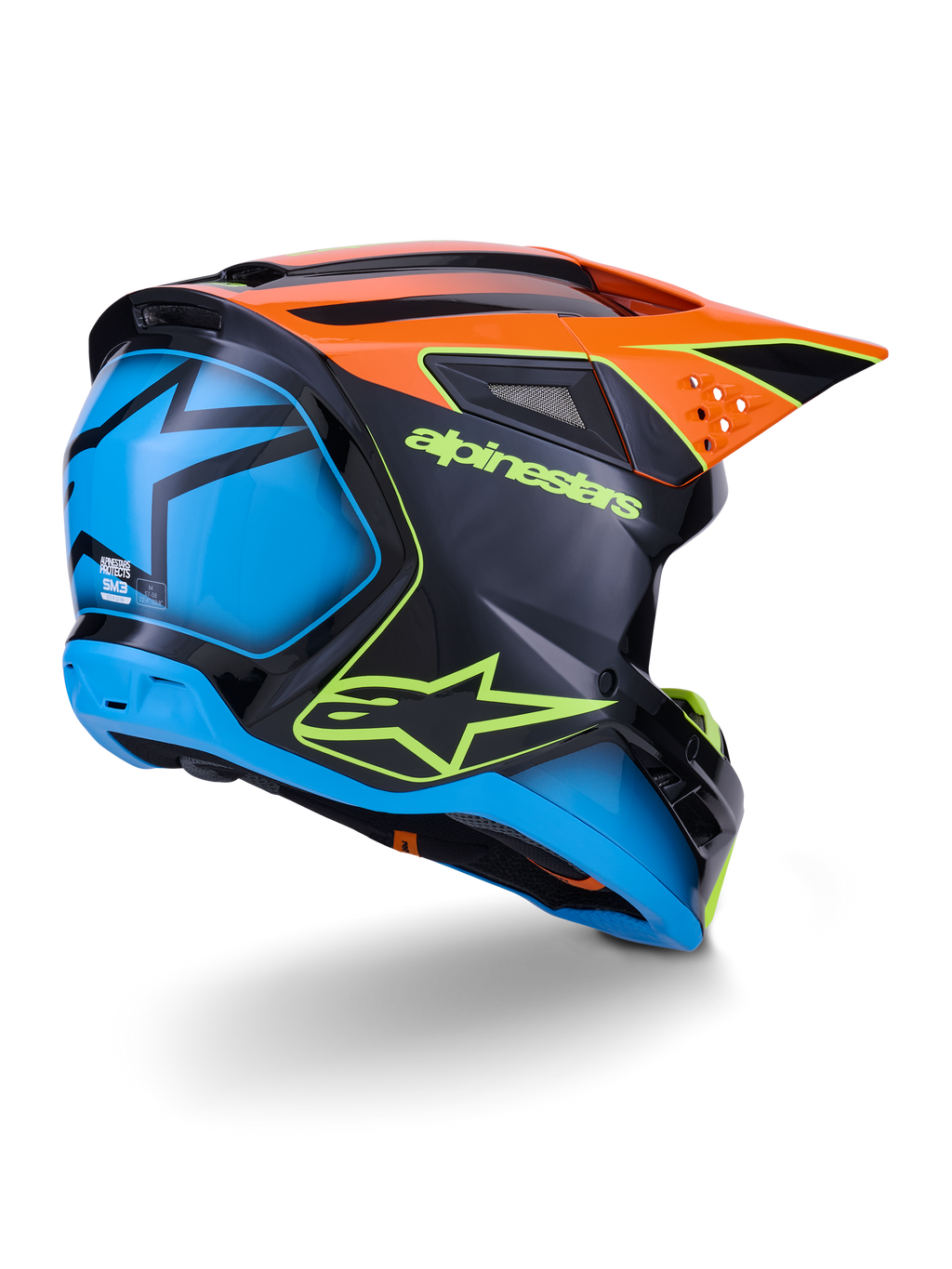 Alpinestars S-M3 Fray-hjälm ECE 22.06, motocrosshjälm, svart med orangea och blå paneler, med neongul Alpinestars-logotyp, stor blå baksektion med stjärngrafik, orange visir med integrerade ventiler, professionell skyddsutrustning för terrängkörning