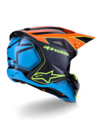 Alpinestars S-M3 Fray-hjälm ECE 22.06, motocrosshjälm, svart med orangea och blå paneler, med neongul Alpinestars-logotyp, stor blå baksektion med stjärngrafik, orange visir med integrerade ventiler, professionell skyddsutrustning för terrängkörning