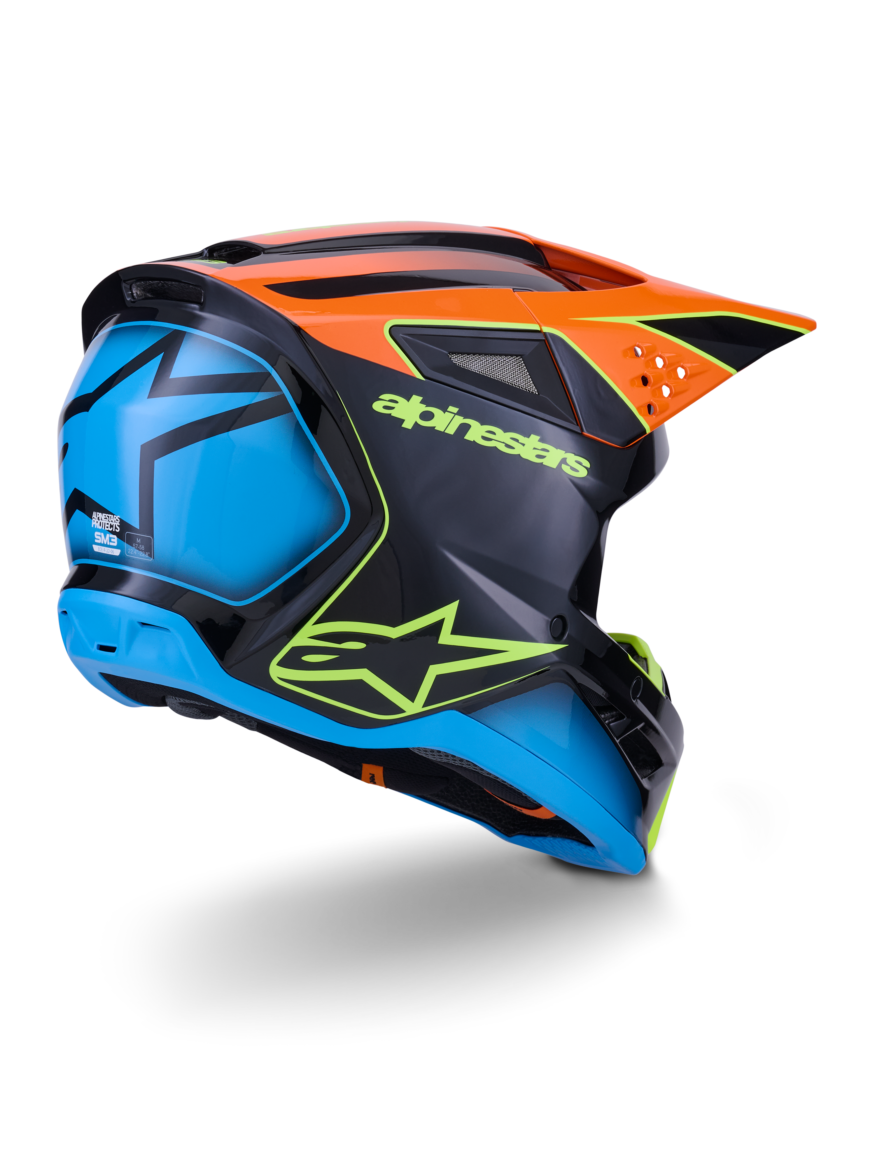 Alpinestars S-M3 Fray-hjälm ECE 22.06, motocrosshjälm, svart med orangea och blå paneler, med neongul Alpinestars-logotyp, stor blå baksektion med stjärngrafik, orange visir med integrerade ventiler, professionell skyddsutrustning för terrängkörning