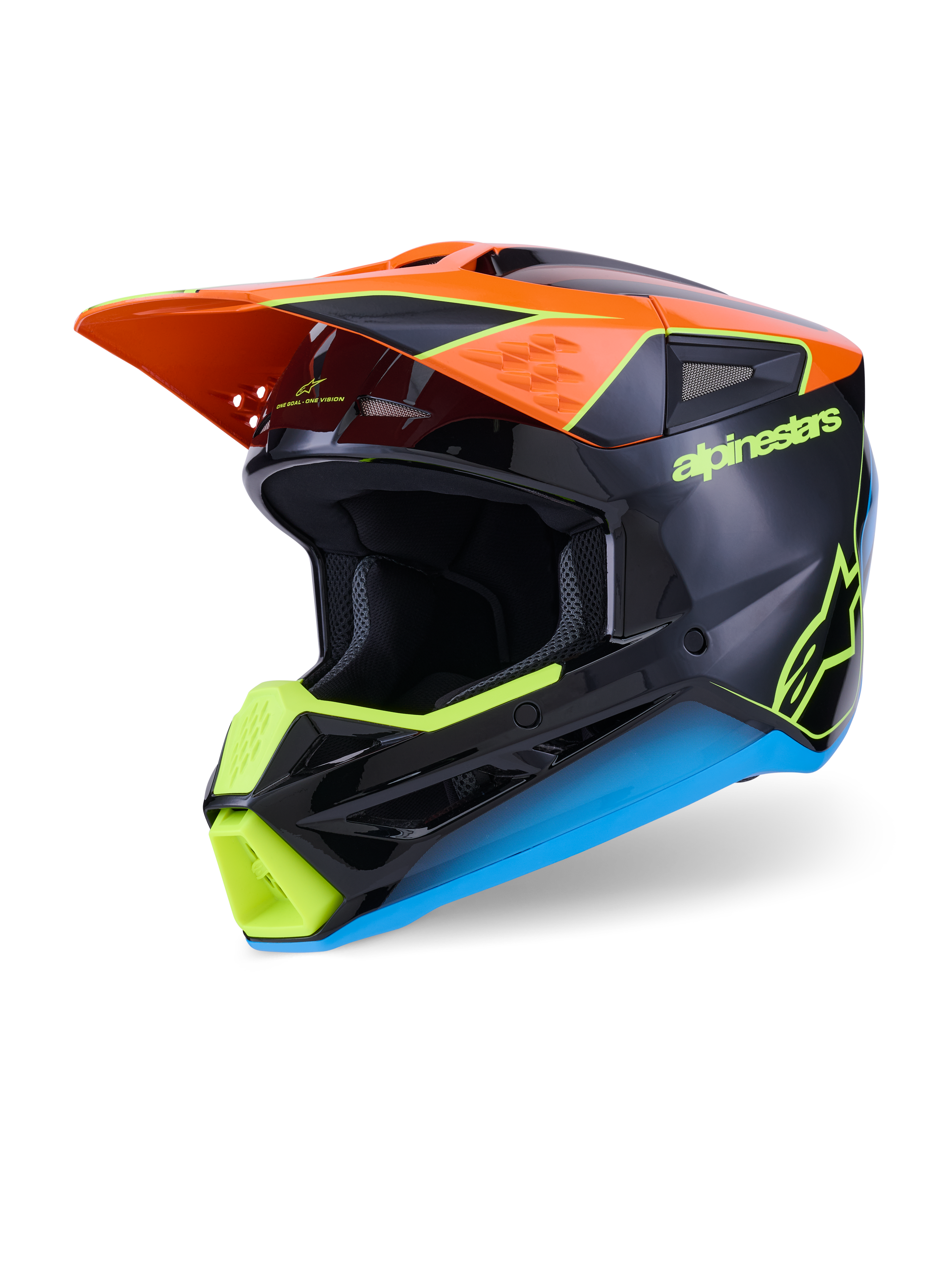 Alpinestars S-M3 Fray-hjälm, motocrosshjälm, svart med orange, neongula och blå detaljer, trekvartsvy som visar det aerodynamiska termosprutade skalet och skyddande visir för terrängkörning