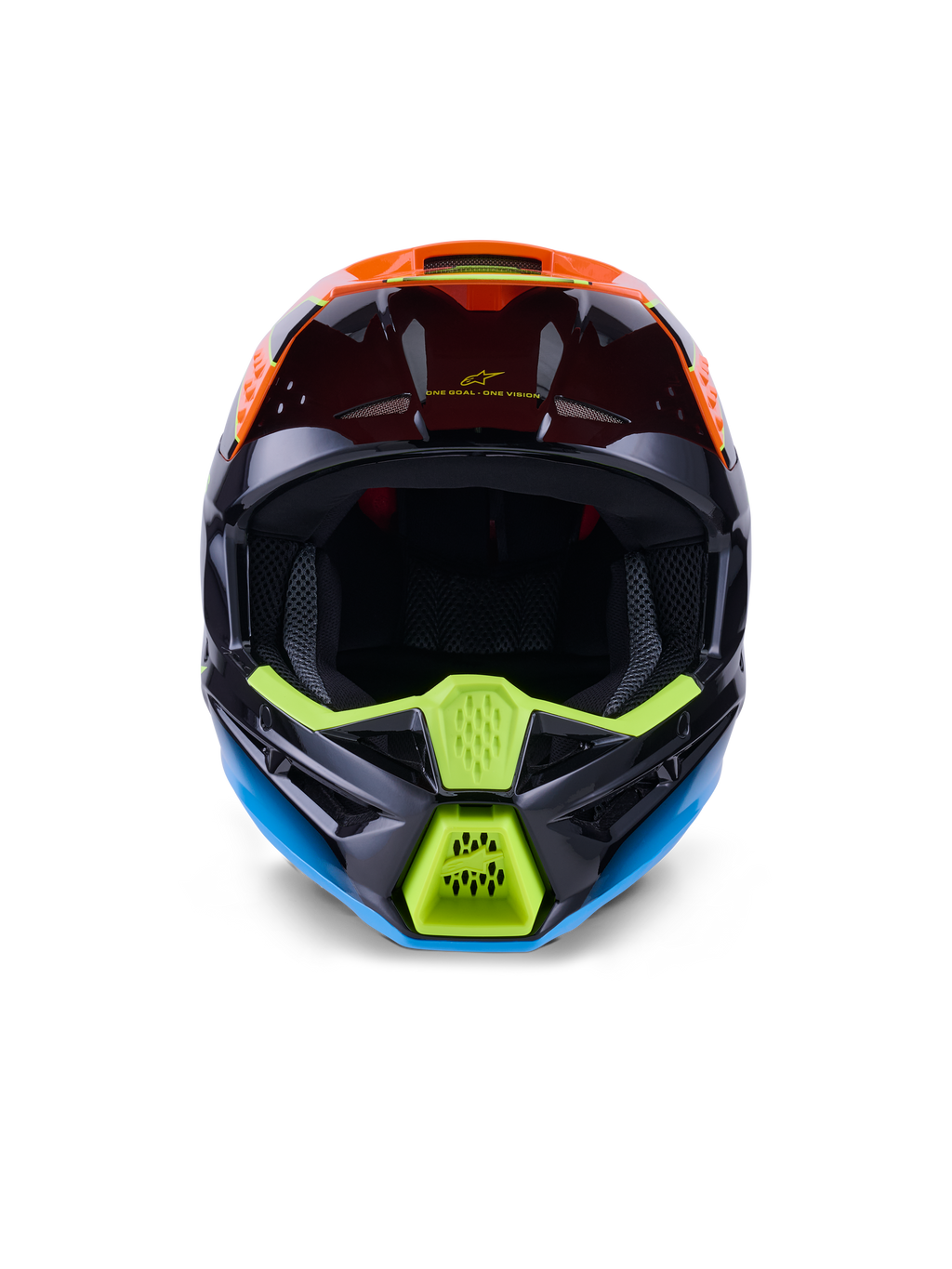 Alpinestars S-M3 Fray-hjälm ECE 22.06, motocrosshjälm, svart, orange och neongul, vy framifrån som visar en aggressiv design på hakskyddet med nätventiler, bred öppning för goggles och en strömlinjeformad aerodynamisk profil för terrängkörning.