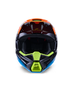 Alpinestars S-M3 Fray-hjälm ECE 22.06, motocrosshjälm, svart, orange och neongul, vy framifrån som visar en aggressiv design på hakskyddet med nätventiler, bred öppning för goggles och en strömlinjeformad aerodynamisk profil för terrängkörning.