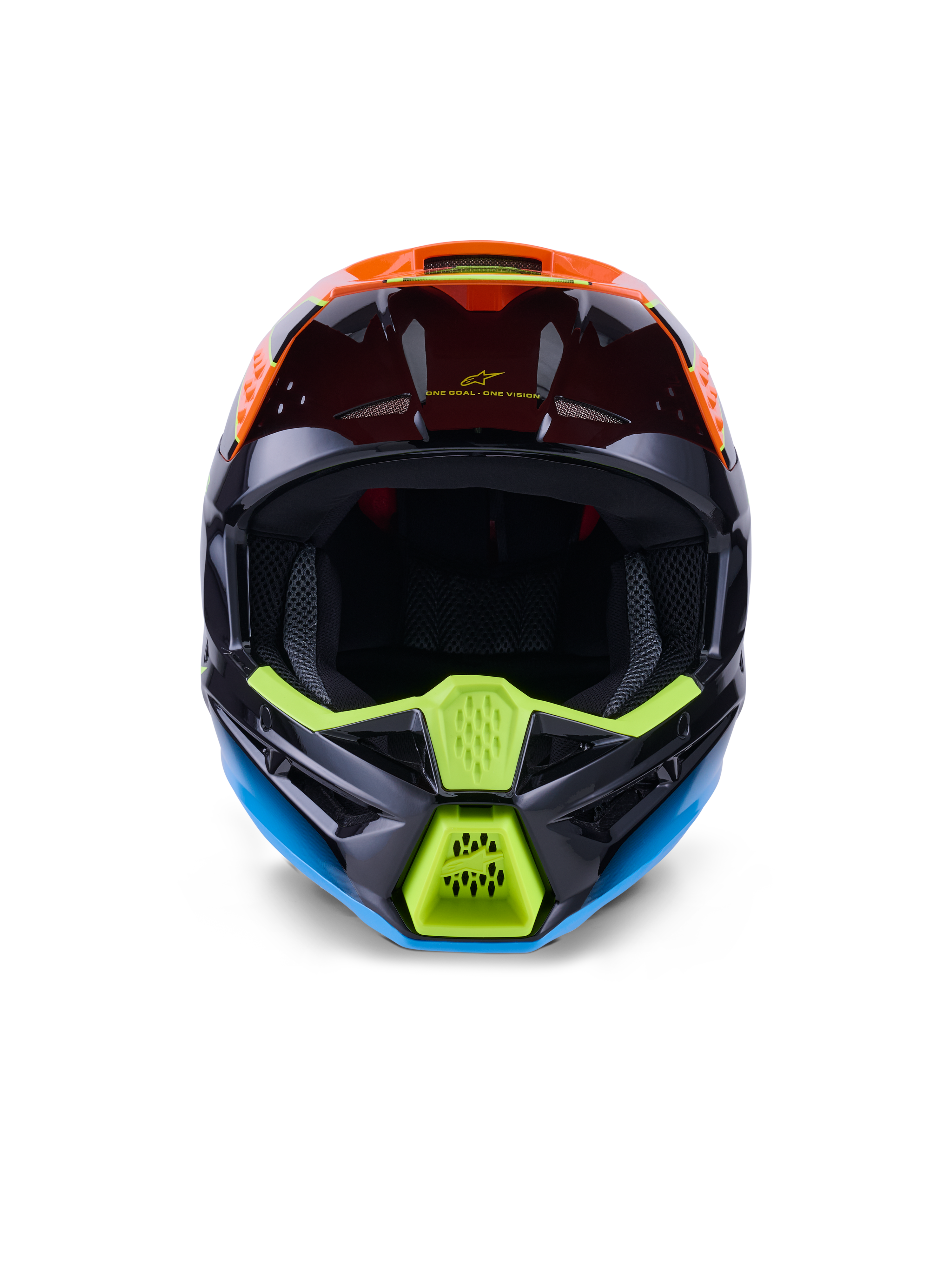 Alpinestars S-M3 Fray-hjälm ECE 22.06, motocrosshjälm, svart, orange och neongul, vy framifrån som visar en aggressiv design på hakskyddet med nätventiler, bred öppning för goggles och en strömlinjeformad aerodynamisk profil för terrängkörning.