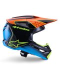 Alpinestars S-M3 Fray-hjälm ECE 22.06, motocrosshjälm, svart, orange, blå och neongul, sidoprofil av ett glansigt aerodynamiskt skal med en framträdande orange skärm, neongrön logotyp och blå accenter, skydd för terrängkörning