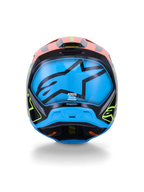 Alpinestars S-M3 Fray hjälm ECE 22.06, motocrosshjälm, bakifrån, svart med livfulla orangea och neongula detaljer, stor blå panel med en svart Alpinestars-stjärnlogotyp, skydd för terrängkörning