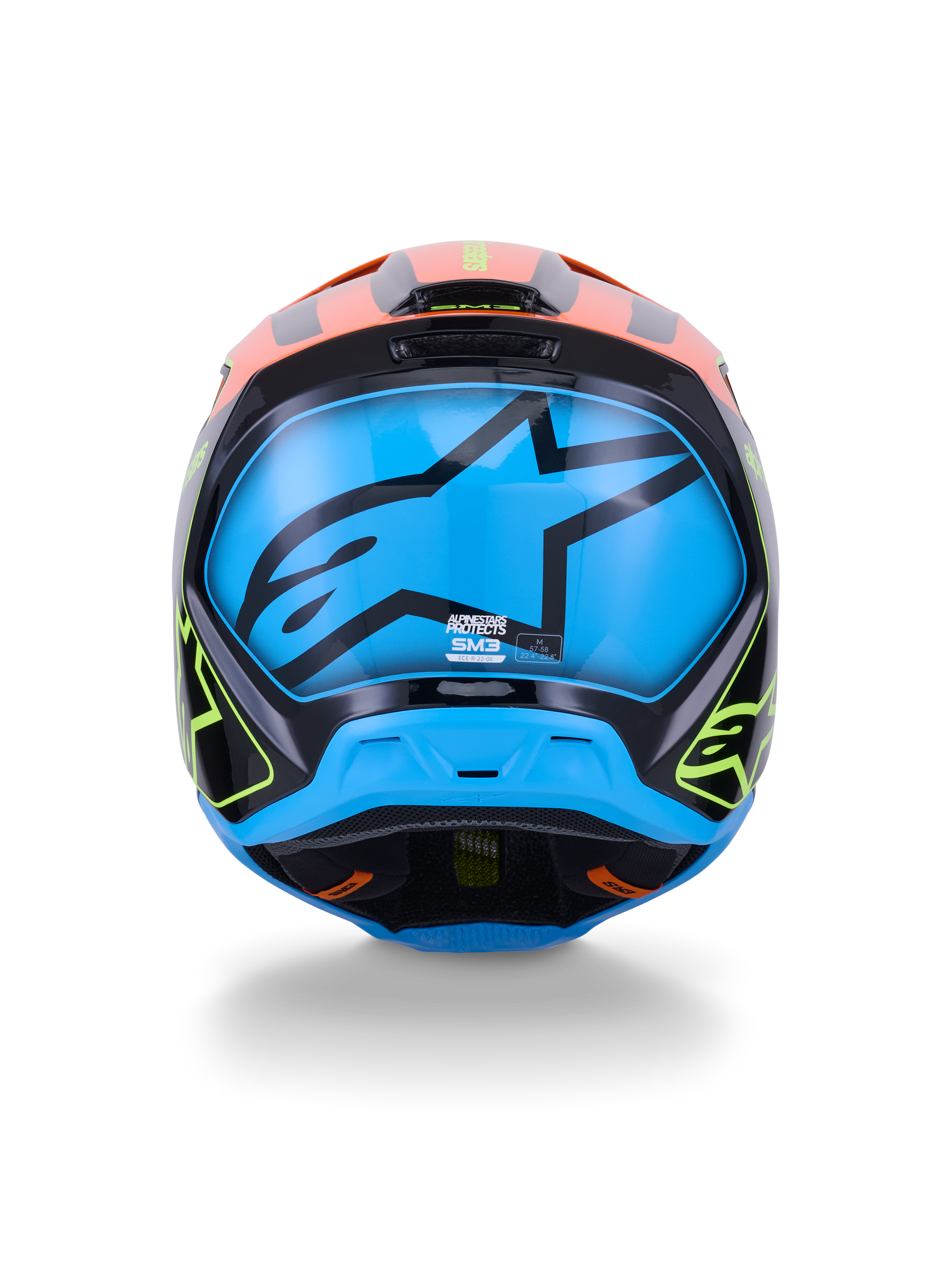 Alpinestars S-M3 Fray hjälm ECE 22.06, motocrosshjälm, bakifrån, svart med livfulla orangea och neongula detaljer, stor blå panel med en svart Alpinestars-stjärnlogotyp, skydd för terrängkörning