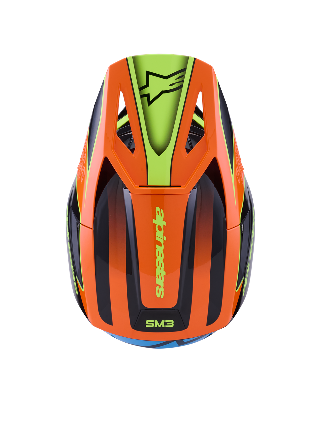 Alpinestars S-M3 Fray hjälm, motocrosshjälm, orange och fluorescerande gul med svarta detaljer, vy ovanifrån som visar det aerodynamiska skalet och skärmen med Alpinestars-logotyp, livfull grafisk design för terrängkörning