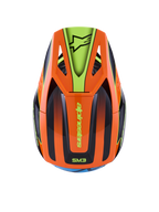 Alpinestars S-M3 Fray hjälm, motocrosshjälm, orange och fluorescerande gul med svarta detaljer, vy ovanifrån som visar det aerodynamiska skalet och skärmen med Alpinestars-logotyp, livfull grafisk design för terrängkörning