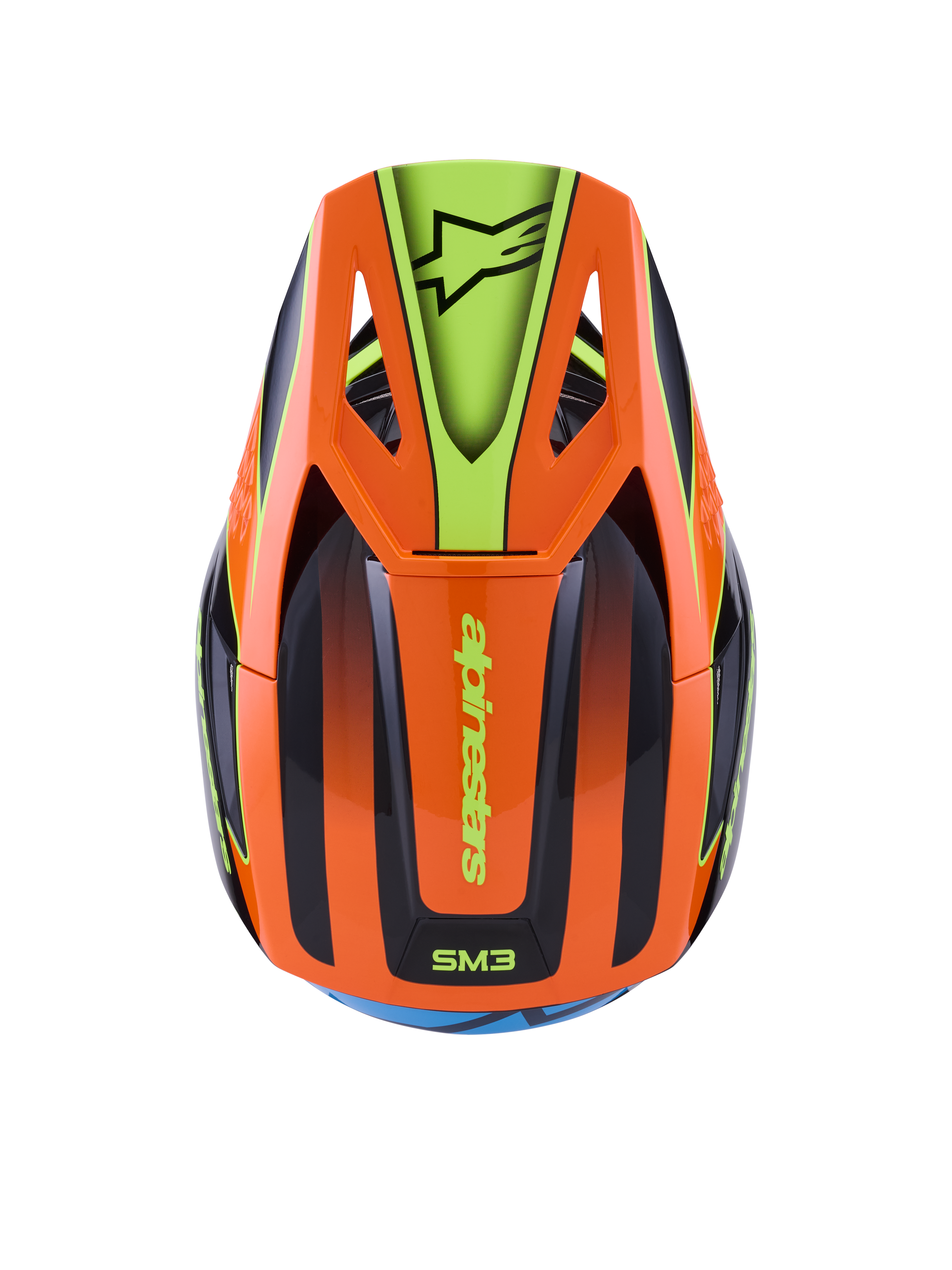 Alpinestars S-M3 Fray hjälm, motocrosshjälm, orange och fluorescerande gul med svarta detaljer, vy ovanifrån som visar det aerodynamiska skalet och skärmen med Alpinestars-logotyp, livfull grafisk design för terrängkörning