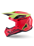 Alpinestars S-M3 Fray Helmet ECE 22.06, Motocross Helmet, Red Yellow Fluo and Black Glossy, side profile view, featuring an aerodynamic thermo-injected shell with multiple ventilation ports, black Alpinestars branding, and fluorescent yellow star logo, high-performance head protection for off-road riding.