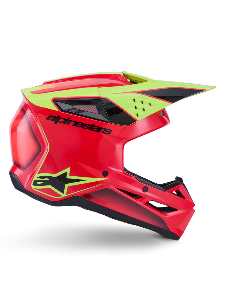 Alpinestars S-M3 Fray Helmet ECE 22.06, motocrosshjälm, röd, neongul och blanksvart, sidoprofil med aerodynamiskt skal, flera ventilationsöppningar, tydlig svart logotyp och neongult visir