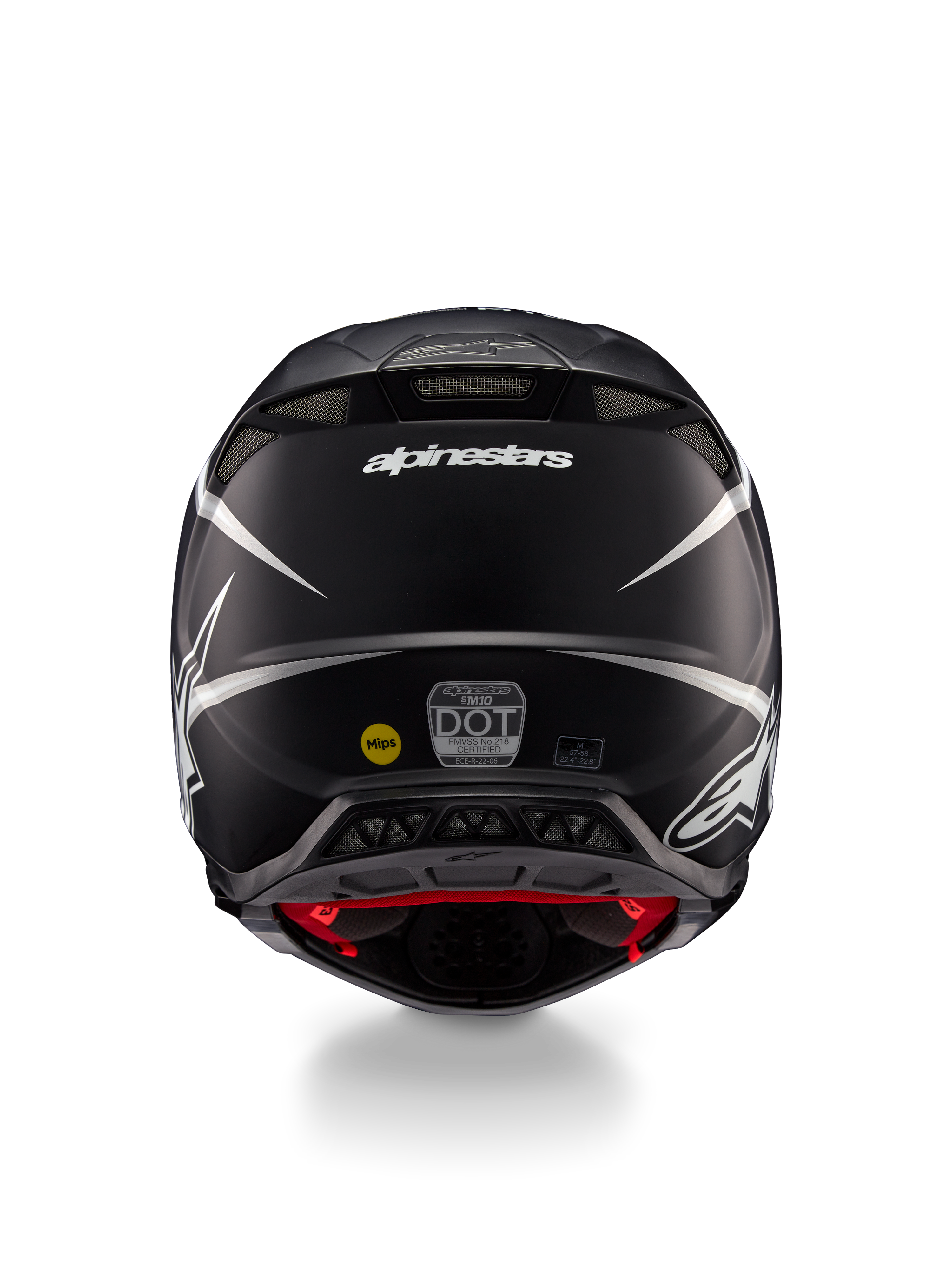 Alpinestars Supertech M10 Ampress Helmet, Motocross Helmet, Black and White Matte, Rear view showing Alpinestars logo and certification stickers, aerodynamic design with integrated exhaust vents