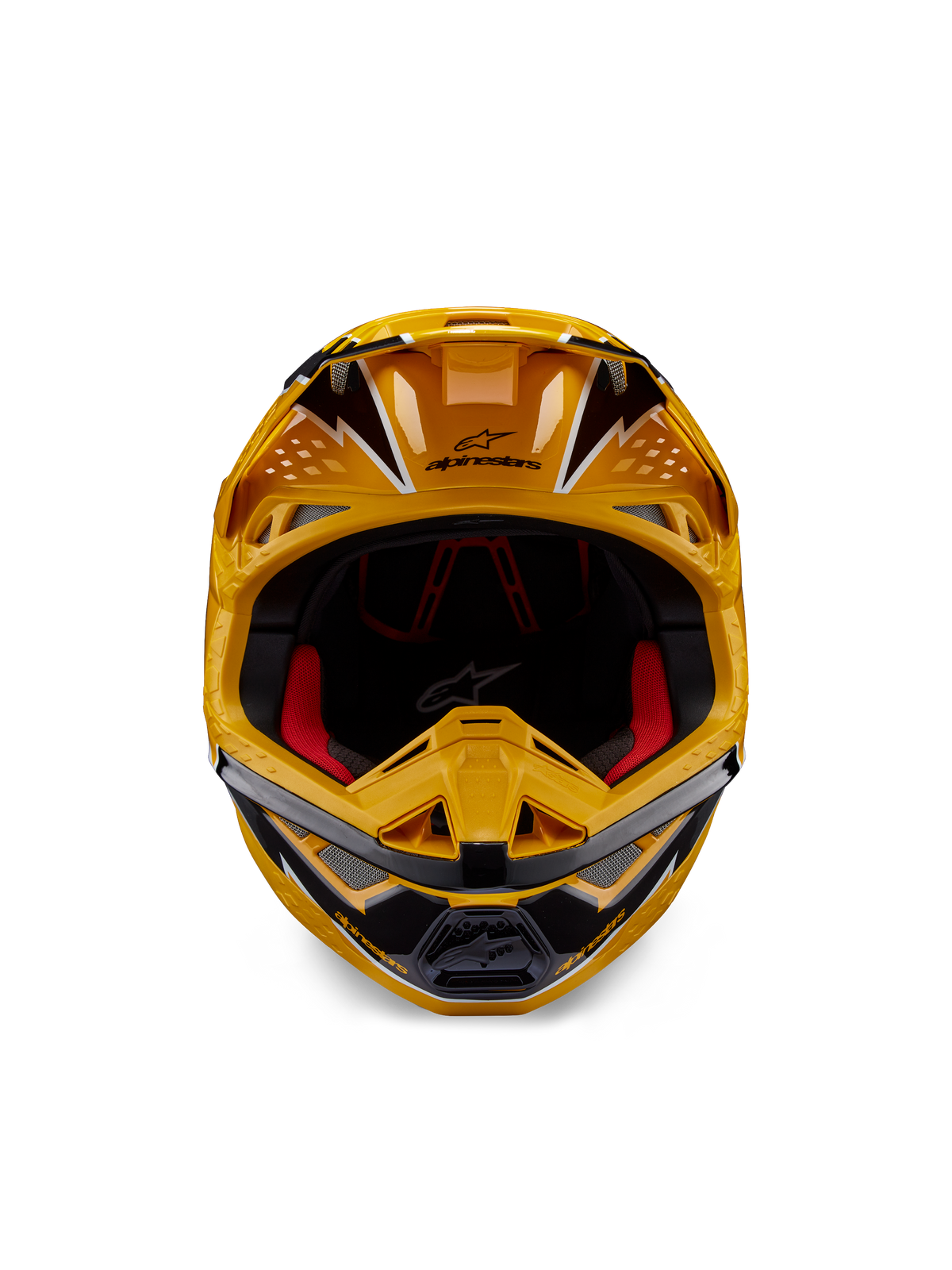 Alpinestars Supertech M10 Ampress hjälm, motocrosshjälm, gul och svart blank finish, frontvy som visar djärv vinklad grafik, Alpinestars-logotyp på skärmen, röd invändig vaddering, aerodynamiskt skal för professionell motocrossracing