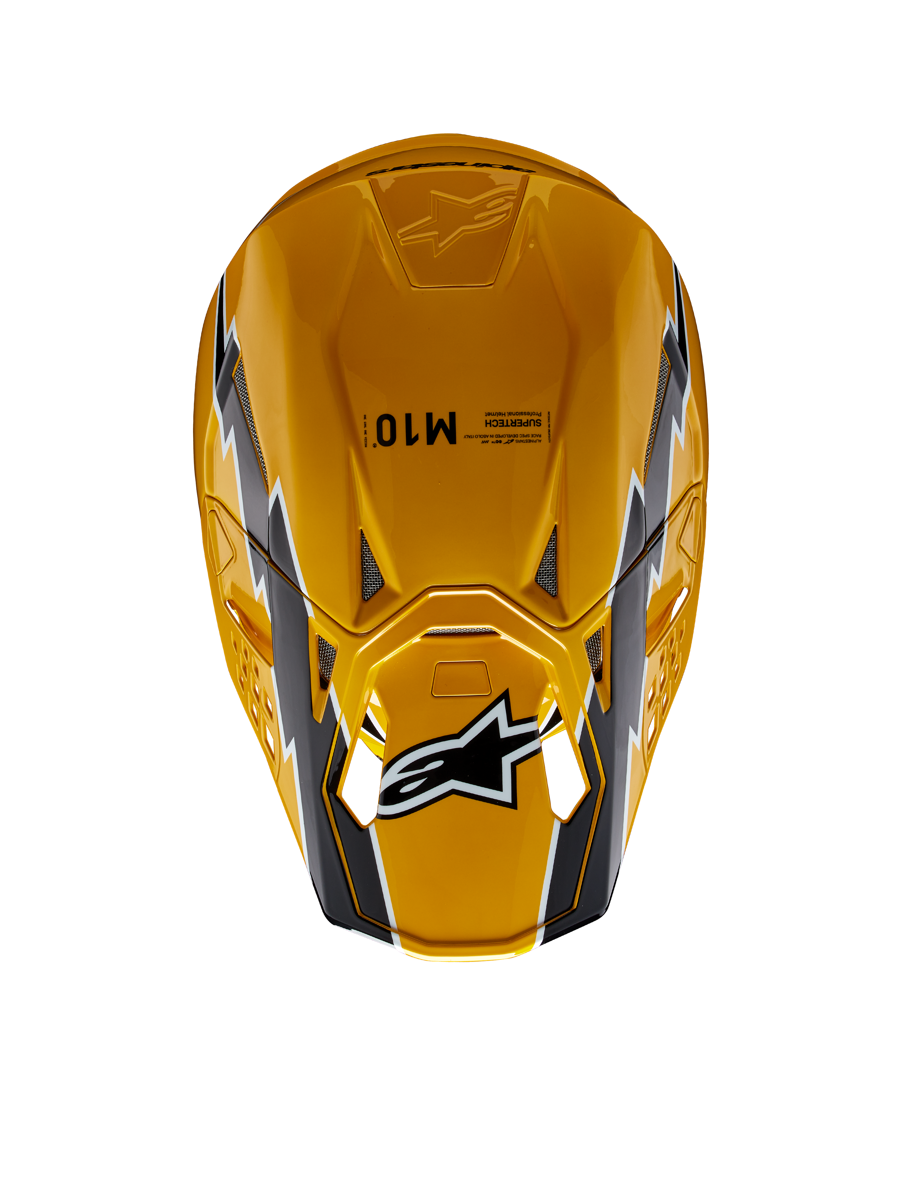 Alpinestars Supertech M10 Ampress Helmet, Motocross Helmet, Black Yellow Glossy, top-down view featuring a glossy yellow finish with black and white graphics, Alpinestars logo on the visor, and aerodynamic shell with ventilation ports.