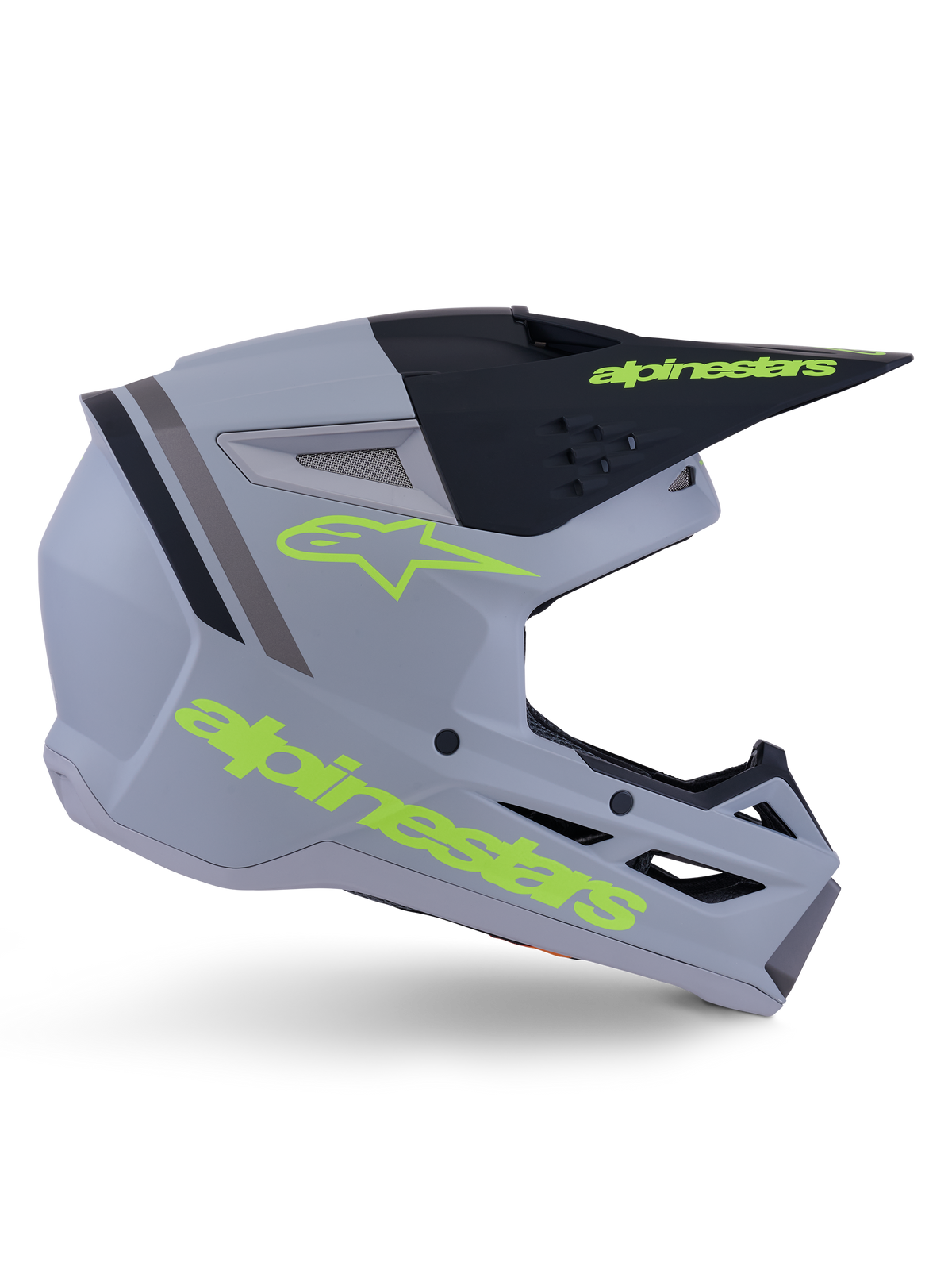Alpinestars S-M3 Radium-hjälm ECE 22.06, motocrosshjälm, mattgrå, svart och neongul, med en kantig aerodynamisk design, skärm och integrerat ventilationssystem