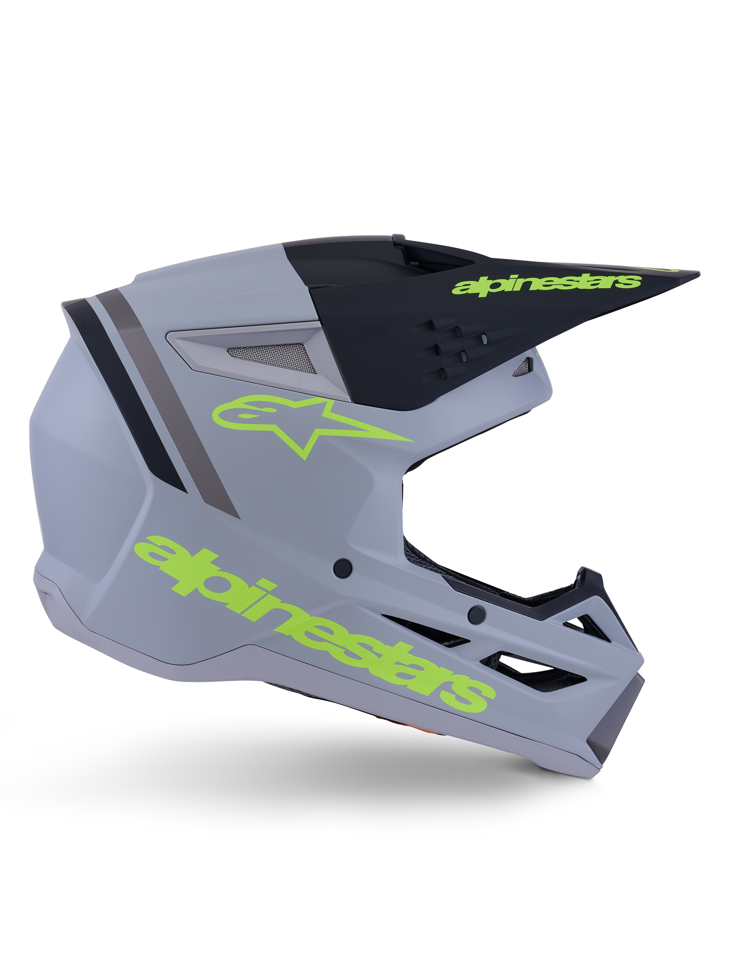 Alpinestars S-M3 Radium-hjälm ECE 22.06, motocrosshjälm, mattgrå, svart och neongul, med en kantig aerodynamisk design, skärm och integrerat ventilationssystem