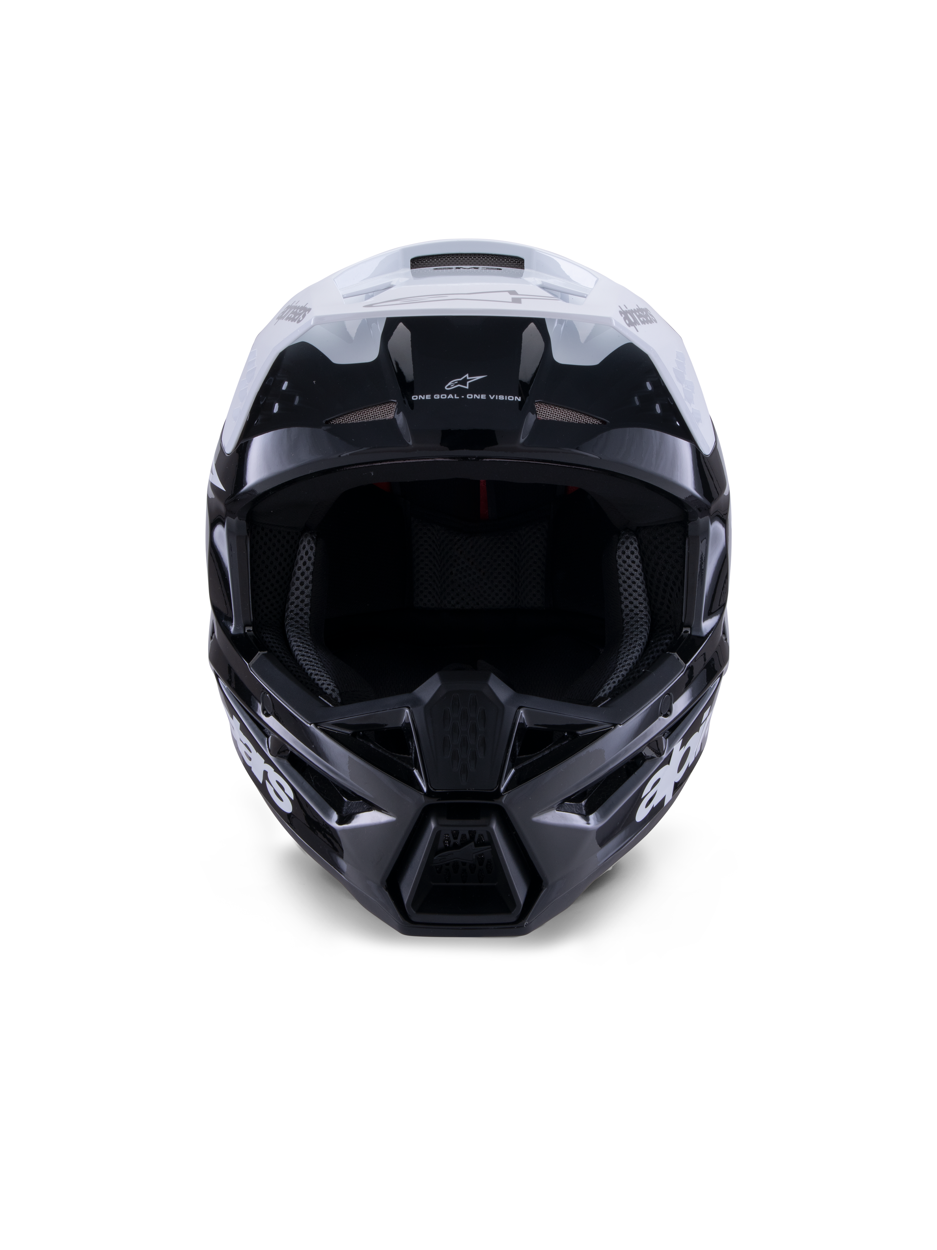 Alpinestars S-M3 Radium Helmet, Motocross Helmet, Black White and Gray Glossy, front-facing view, featuring an aggressive shell design with a white visor, black chin guard, and mesh-lined ventilation ports.