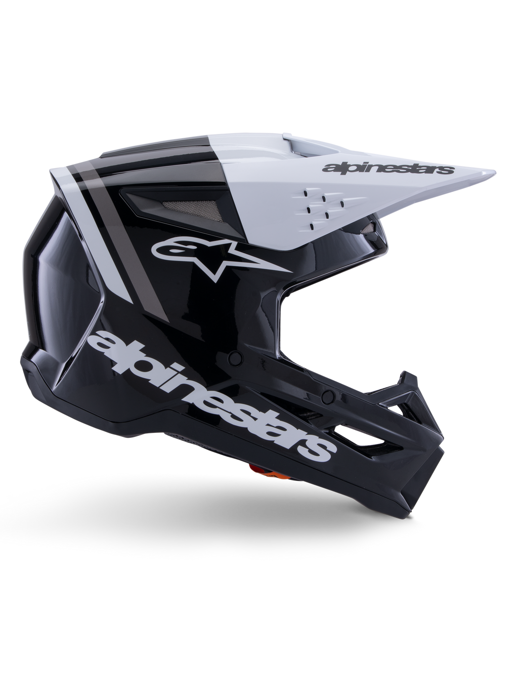 Alpinestars S-M3 Radium Helmet, Motocross Off-Road Helmet, Black White and Gray Glossy, featuring an angular aerodynamic design with ventilation ports, side profile view, glossy finish with gray stripes, and a white visor with Alpinestars branding