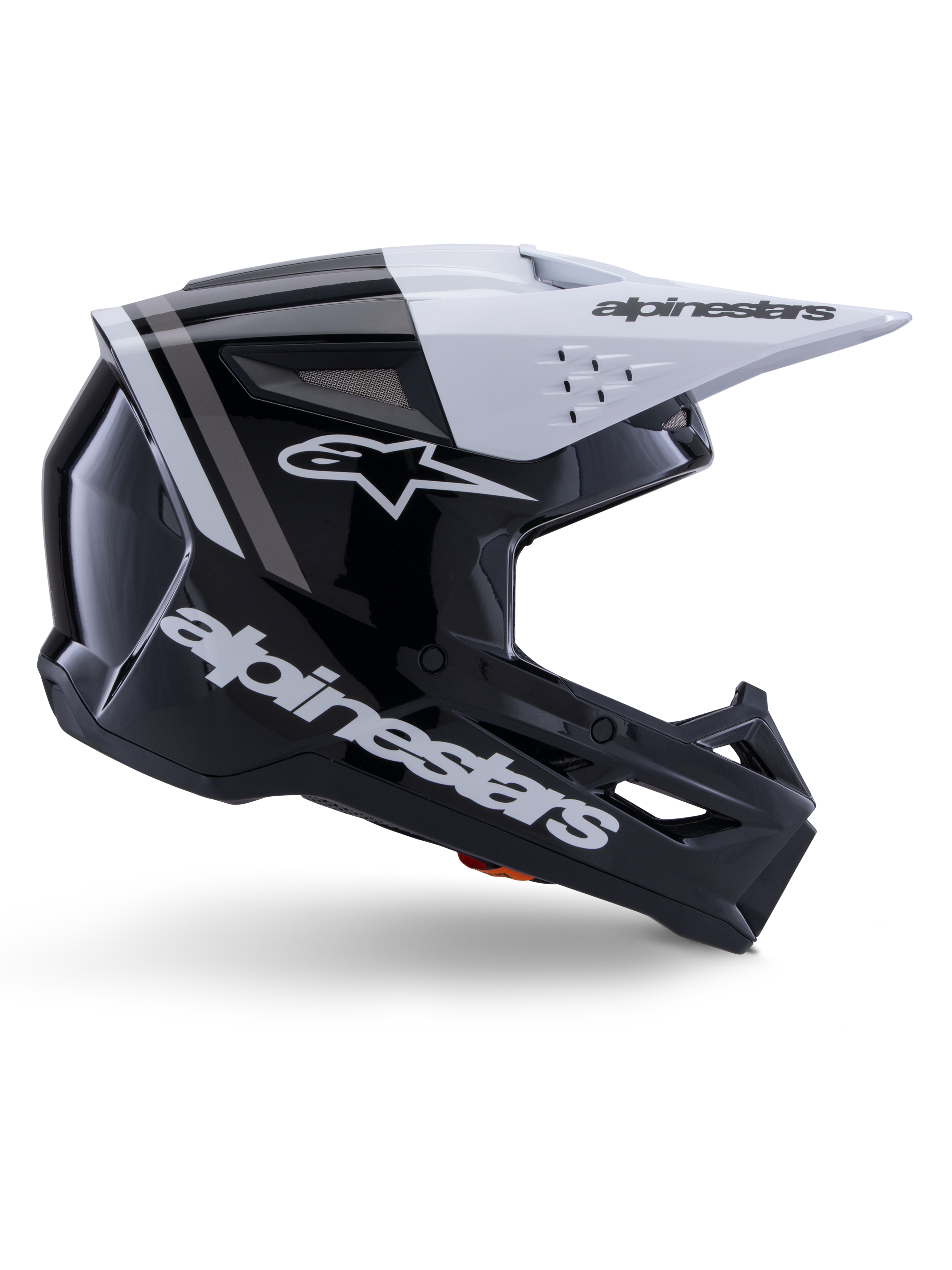 Alpinestars S-M3 Radium Helmet, Motocross Off-Road Helmet, Black White and Gray Glossy, featuring an angular aerodynamic design with ventilation ports, side profile view, glossy finish with gray stripes, and a white visor with Alpinestars branding