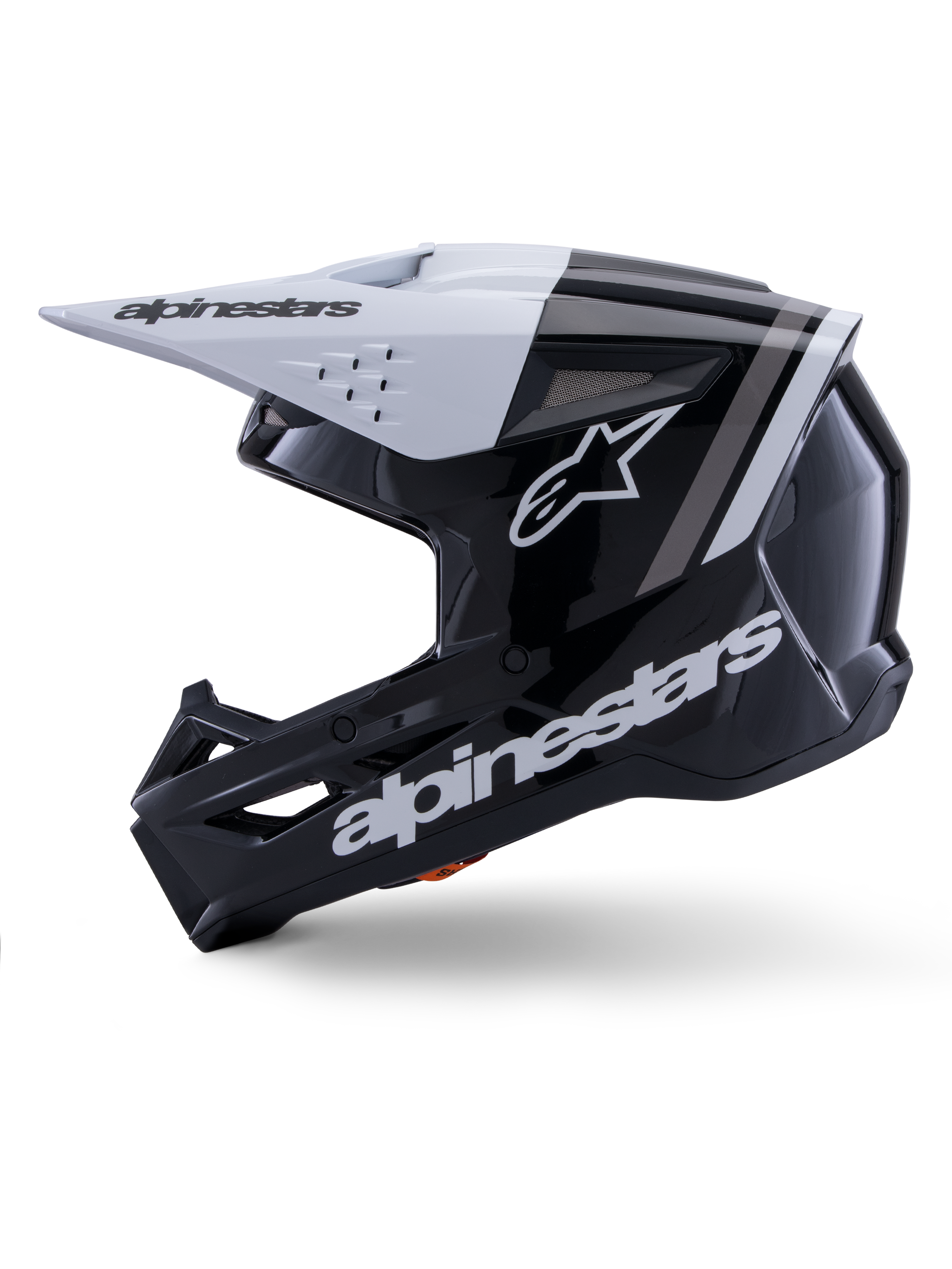 Alpinestars S-M3 Radium Helmet ECE 22.06, side profile view, glossy black and white finish, gray racing stripes, white Alpinestars logo on the side and chin area, ventilated design for motocross and enduro