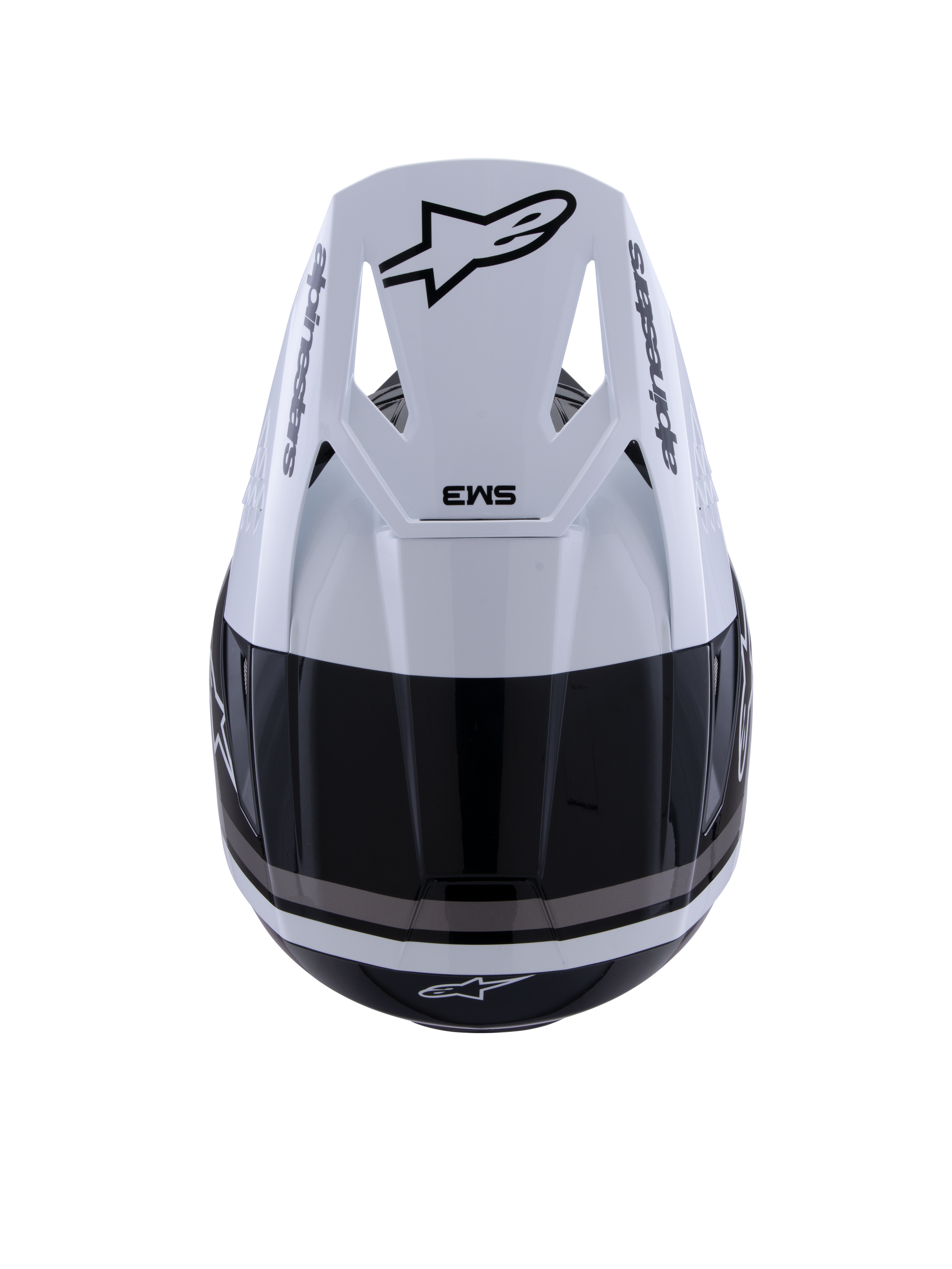 Alpinestars S-M3 Radium Helmet, Motocross Helmet, Black White and Gray Glossy, top-down view showing white visor with black Astar logo and SM3 branding, sleek glossy finish with ventilation ports, high-performance off-road head protection