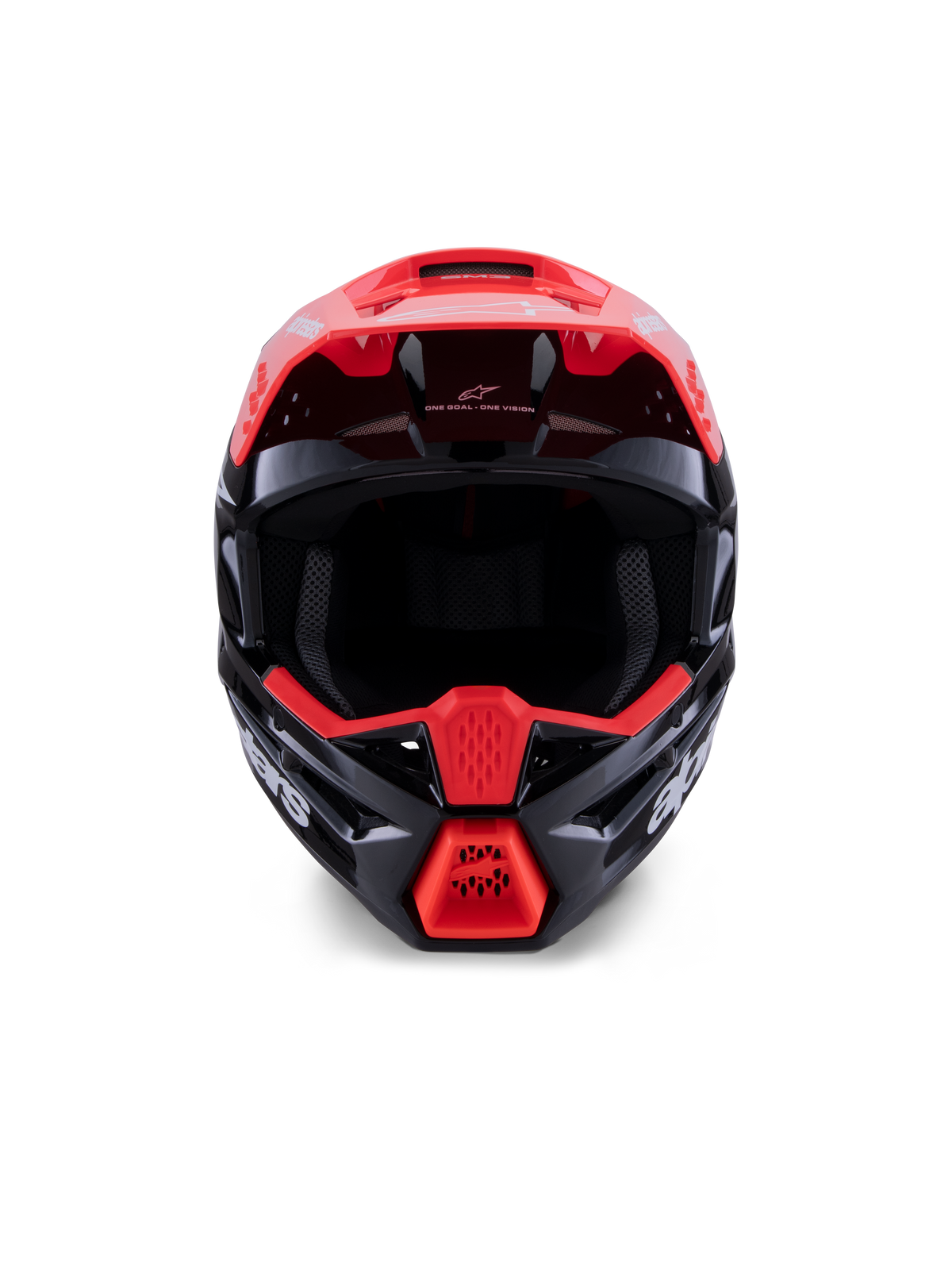 Alpinestars S-M3 Radium-hjälm ECE 22.06, motocrosshjälm, blanksvart med fluorescerande röda och vita detaljer, framifrån sett som visar det aerodynamiska skalet, integrerat visir och skyddande hakparti med framträdande Alpinestars-logotyper.