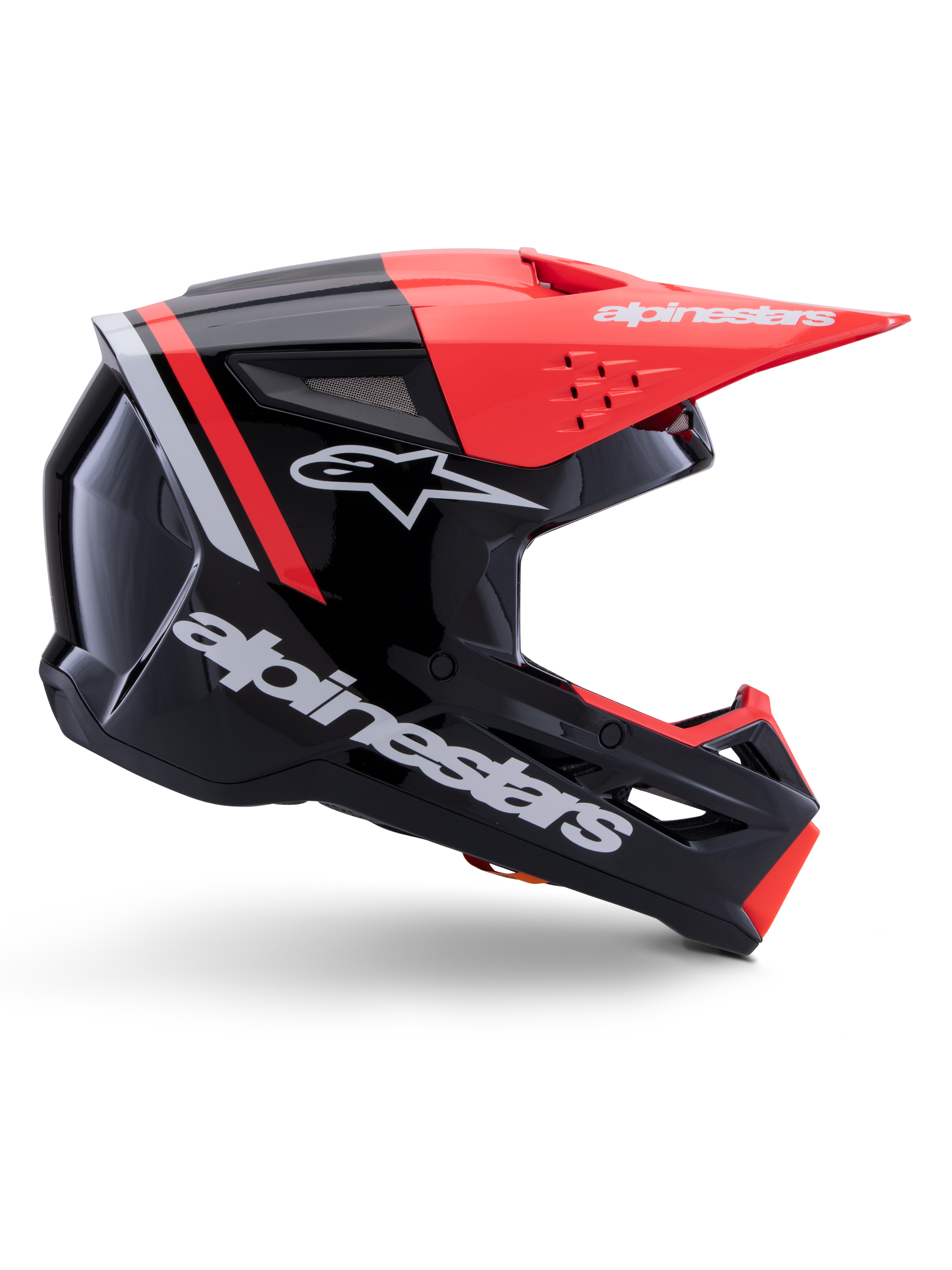 Alpinestars S-M3 Radium hjälm, motocrosshjälm, svart, röd fluo och vit med blank finish, aerodynamisk design med vinklat visir, ventilationsportar och förstklassigt motorsportskydd