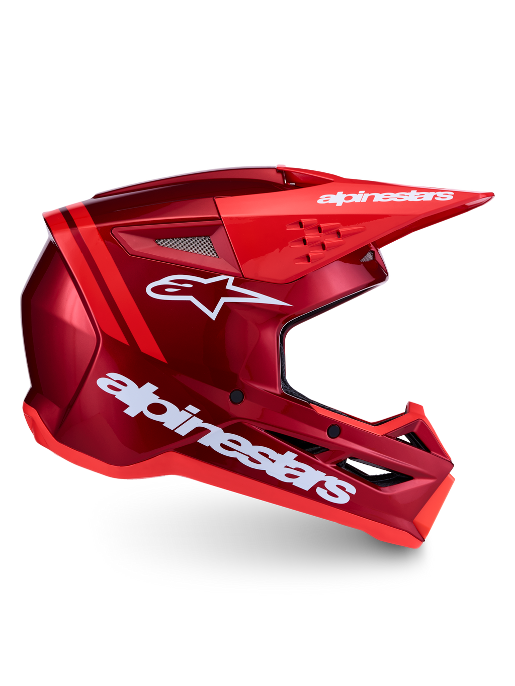 Alpinestars SM3 Radium hjälm ECE06, röd och vit motocrosshjälm för terrängkörning med avancerad ventilation och stötskydd, sidoprofil med vit logotyp.