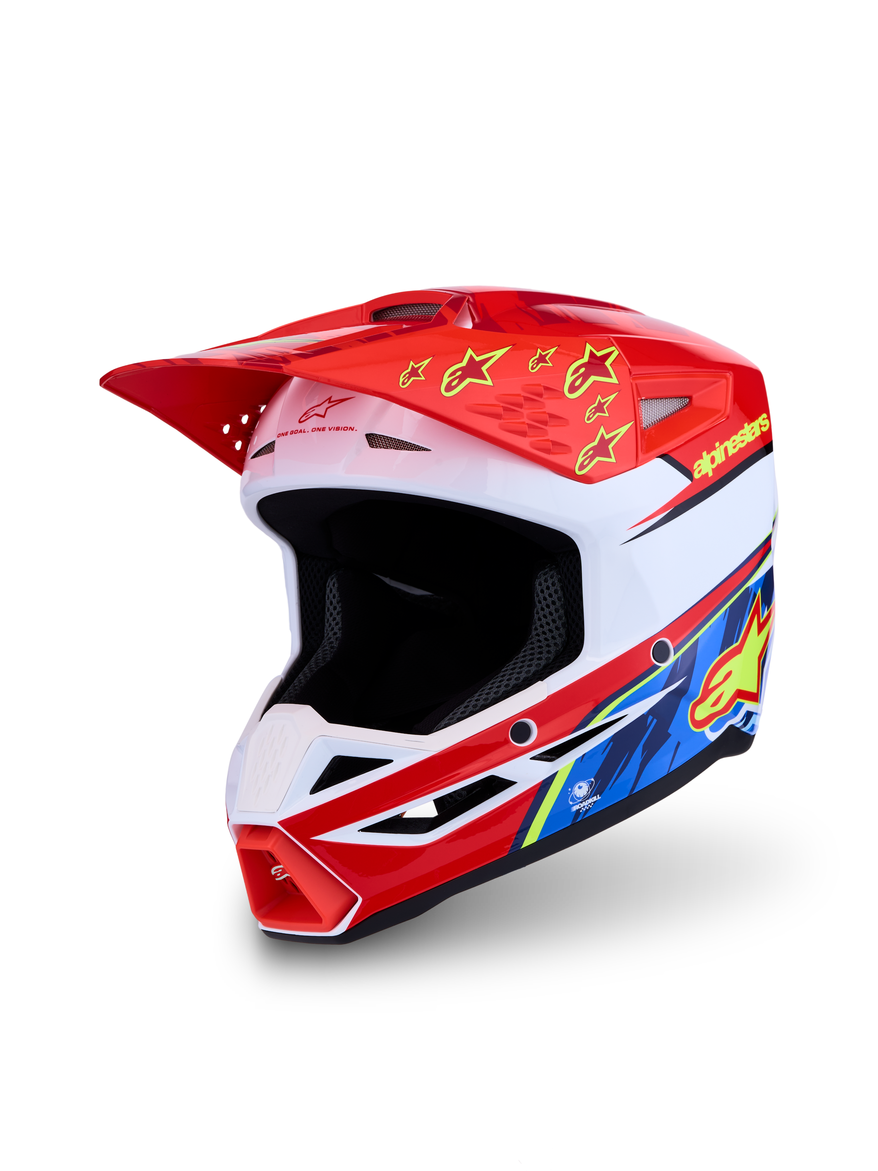 Alpinestars SM3 Falcon hjälm, röd och vit motocrosshjälm med blå och gula detaljer, ECE 2206-certifierad