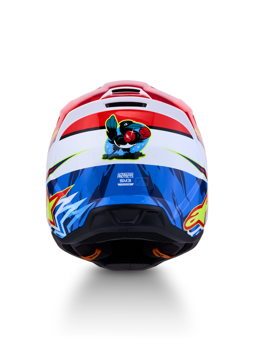 Alpinestars SM3 Falcon hjälm, röd och blå motocrosshjälm med tecknad falkgrafik bak, ECE 2206-certifierad