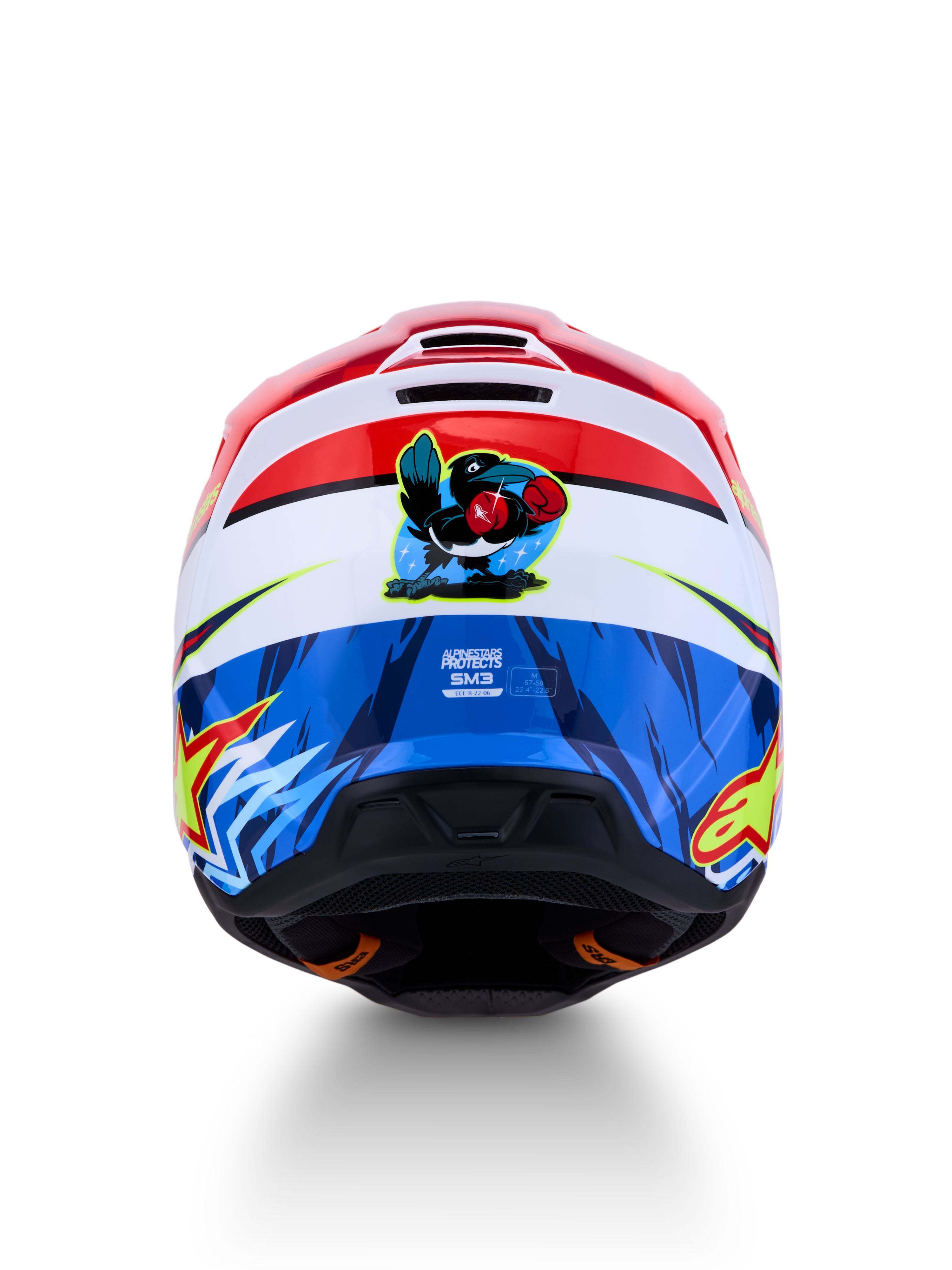 Alpinestars SM3 Falcon hjälm, röd och blå motocrosshjälm med tecknad falkgrafik bak, ECE 2206-certifierad