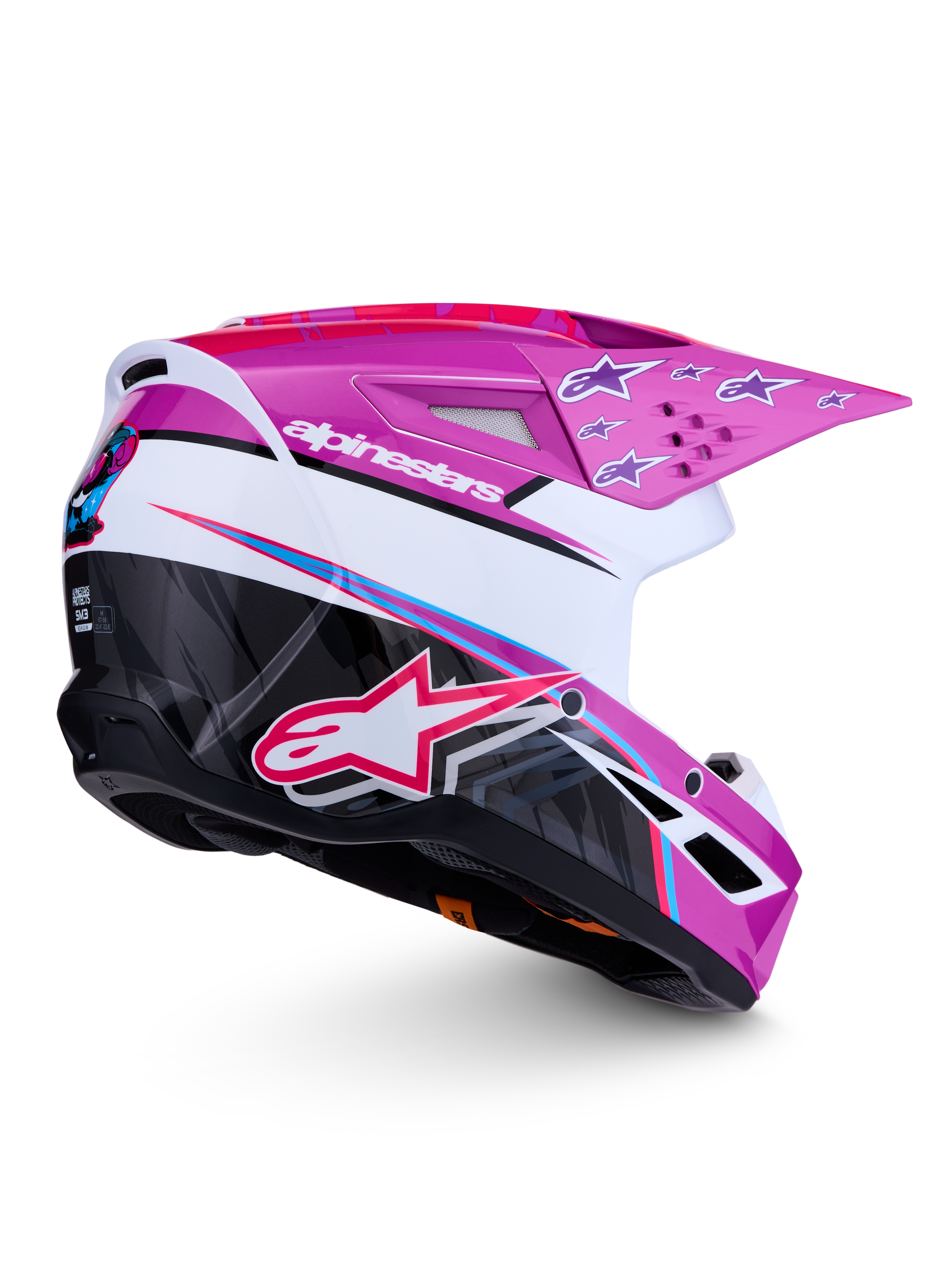 Alpinestars SM3 Falcon hjälm ECE06, motocrosshjälm för terrängkörning, lila och vit med svarta accenter, glansig finish, CE-certifierad