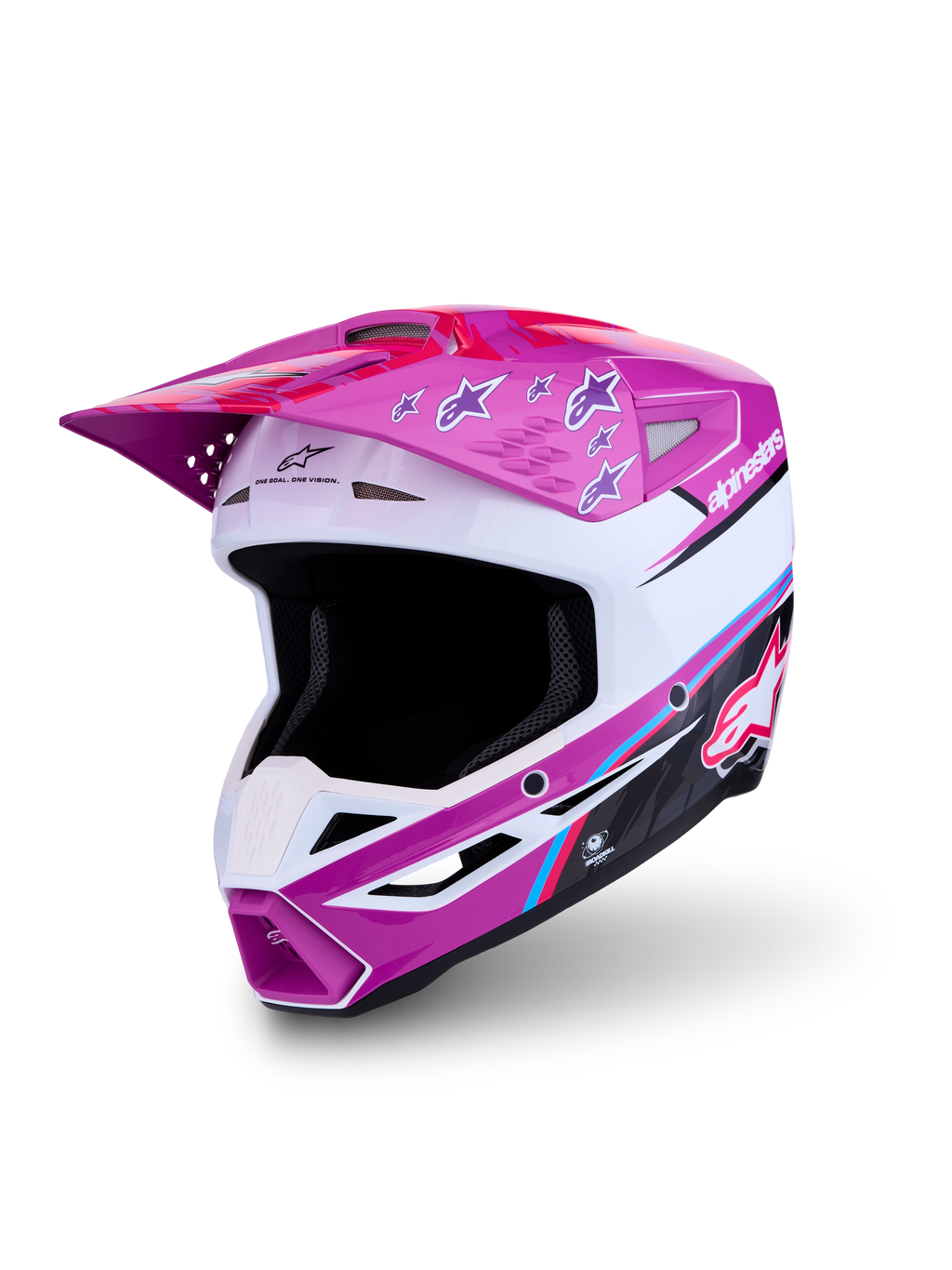 Alpinestars SM3 Falcon hjälm ECE06, motocrosshjälm för herrar, lila och vit med rosa och blå detaljer, stjärnmönster, ECE 22.06-certifierad.