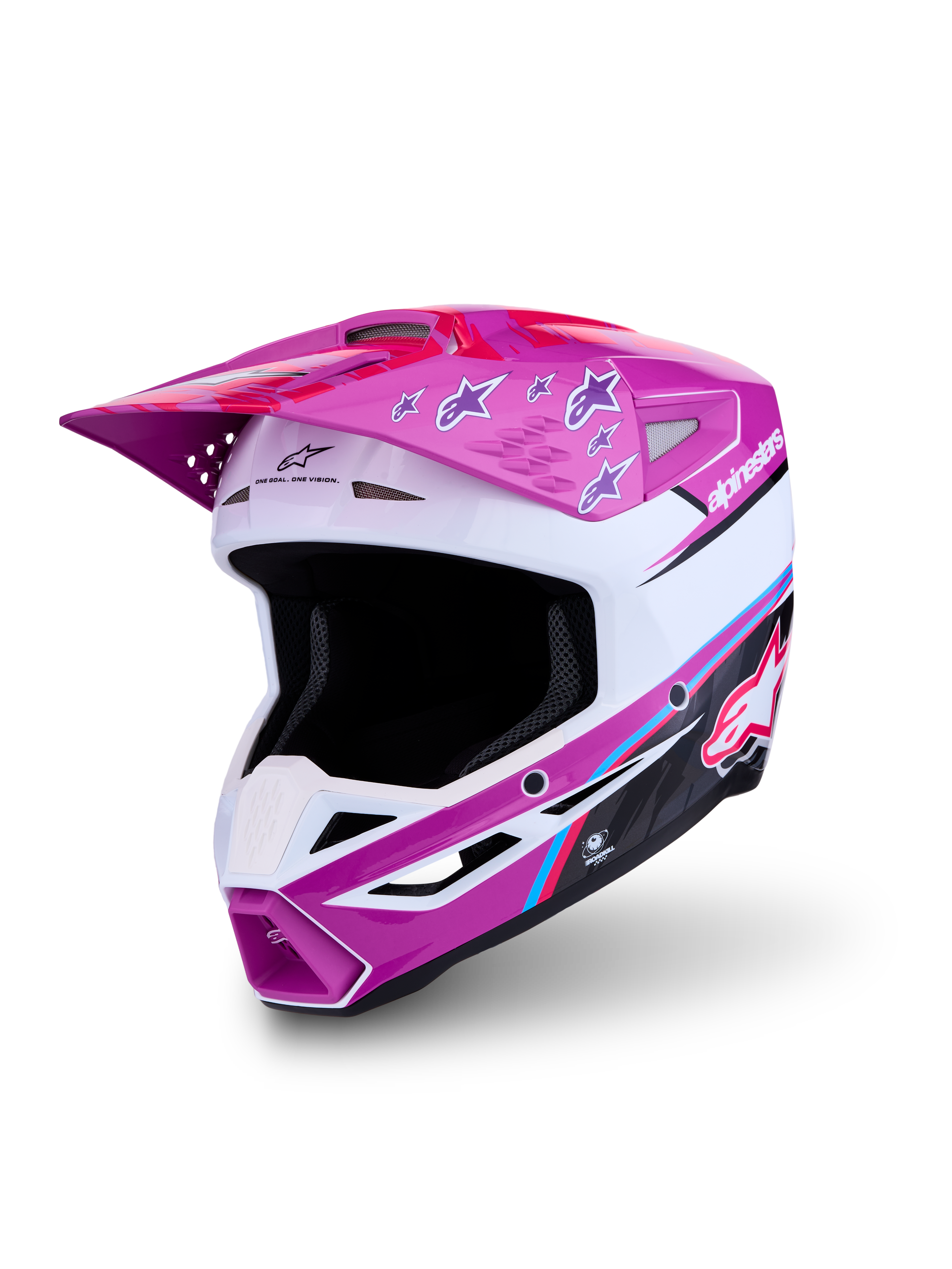 Alpinestars SM3 Falcon hjälm ECE06, motocrosshjälm för herrar, lila och vit med rosa och blå detaljer, stjärnmönster, ECE 22.06-certifierad.