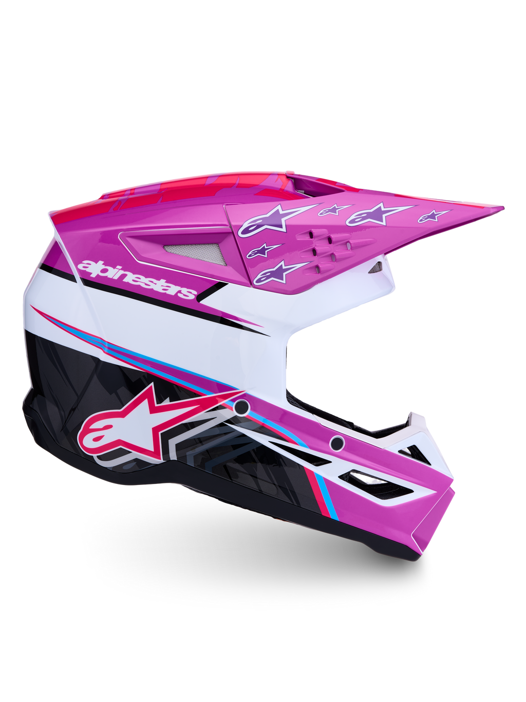 Alpinestars SM3 Falcon motocrosshjälm, lila och vit med neonrosa accenter, ECE 2206-certifierad.