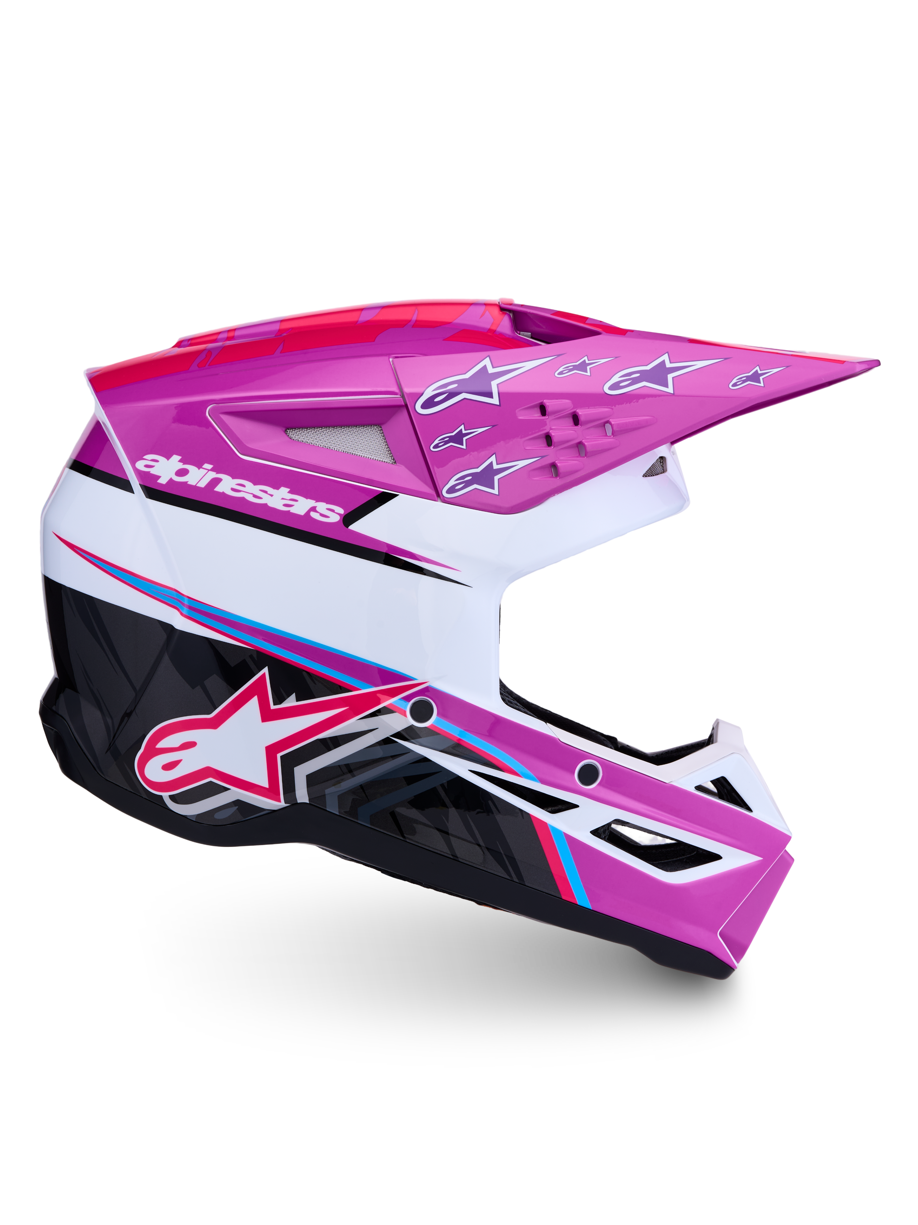 Alpinestars SM3 Falcon motocrosshjälm, lila och vit med neonrosa accenter, ECE 2206-certifierad.