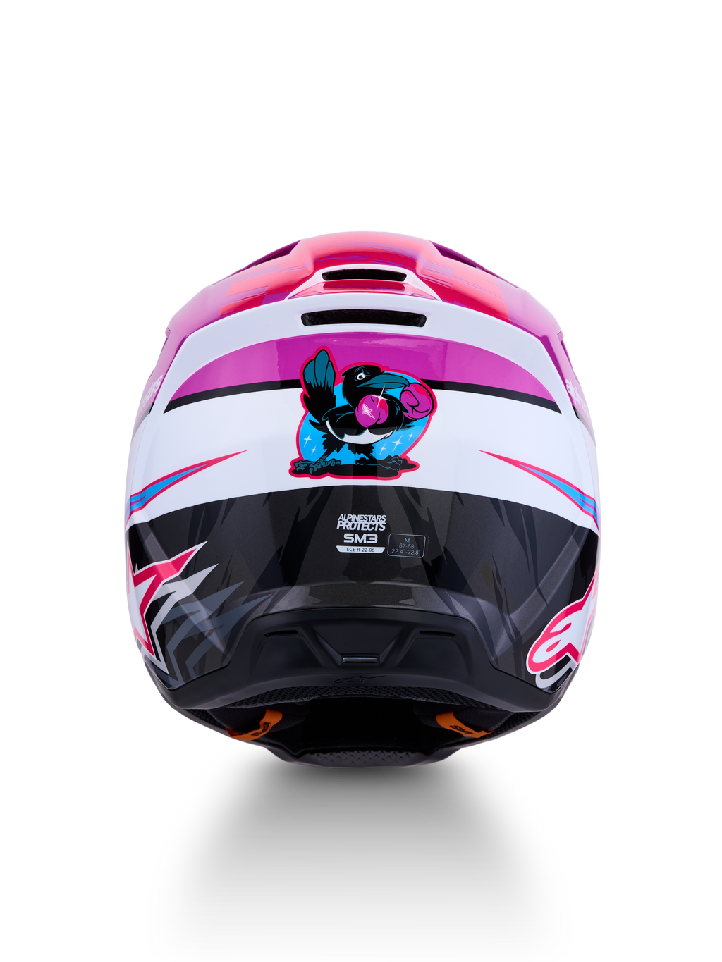 Alpinestars SM3 Falcon hjälm ECE06, motocrosshjälm för terrängkörning, lila och vit med rosa detaljer, grafik med en boxande kråka på baksidan, ECE 2206-certifierad.