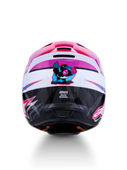Alpinestars SM3 Falcon hjälm ECE06, motocrosshjälm för terrängkörning, lila och vit med rosa detaljer, grafik med en boxande kråka på baksidan, ECE 2206-certifierad.