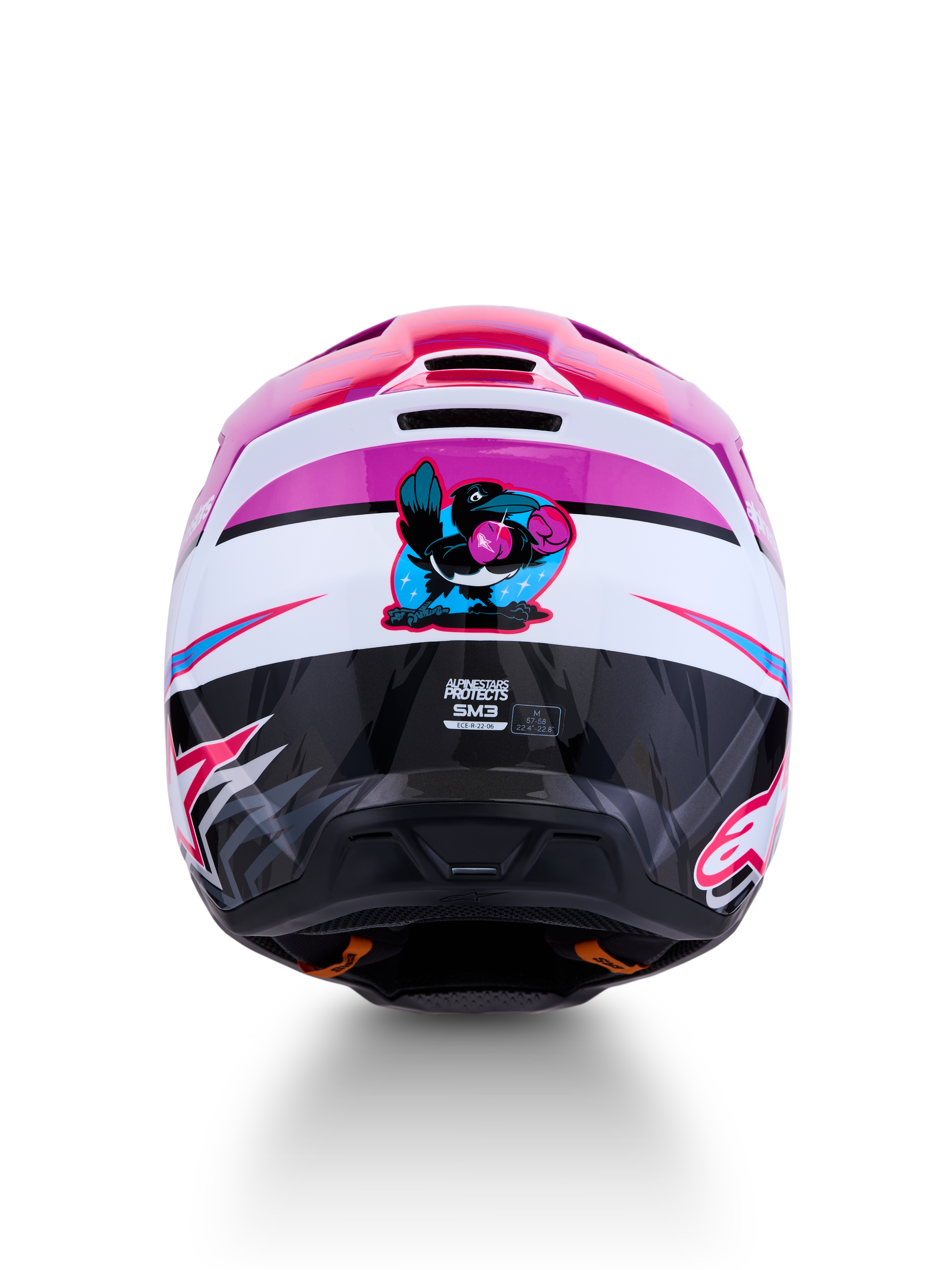 Alpinestars SM3 Falcon hjälm ECE06, motocrosshjälm för terrängkörning, lila och vit med rosa detaljer, grafik med en boxande kråka på baksidan, ECE 2206-certifierad.