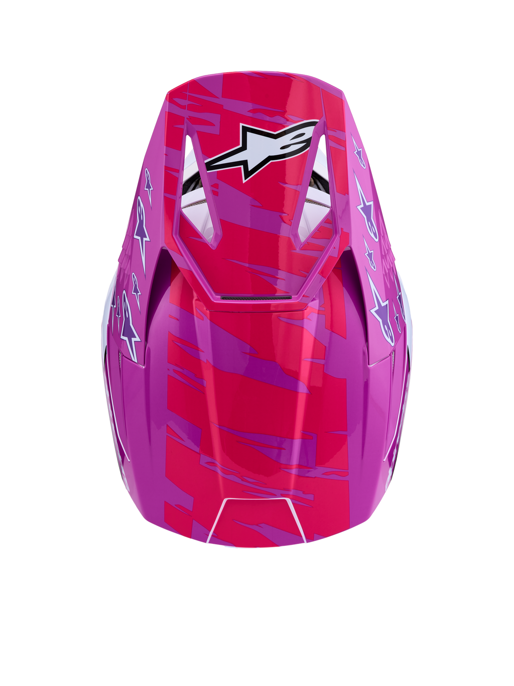 Alpinestars SM3 Falcon hjälm ECE06, glansig rosa och lila motocrosshjälm med vita stjärnlogotyper, vy uppifrån.