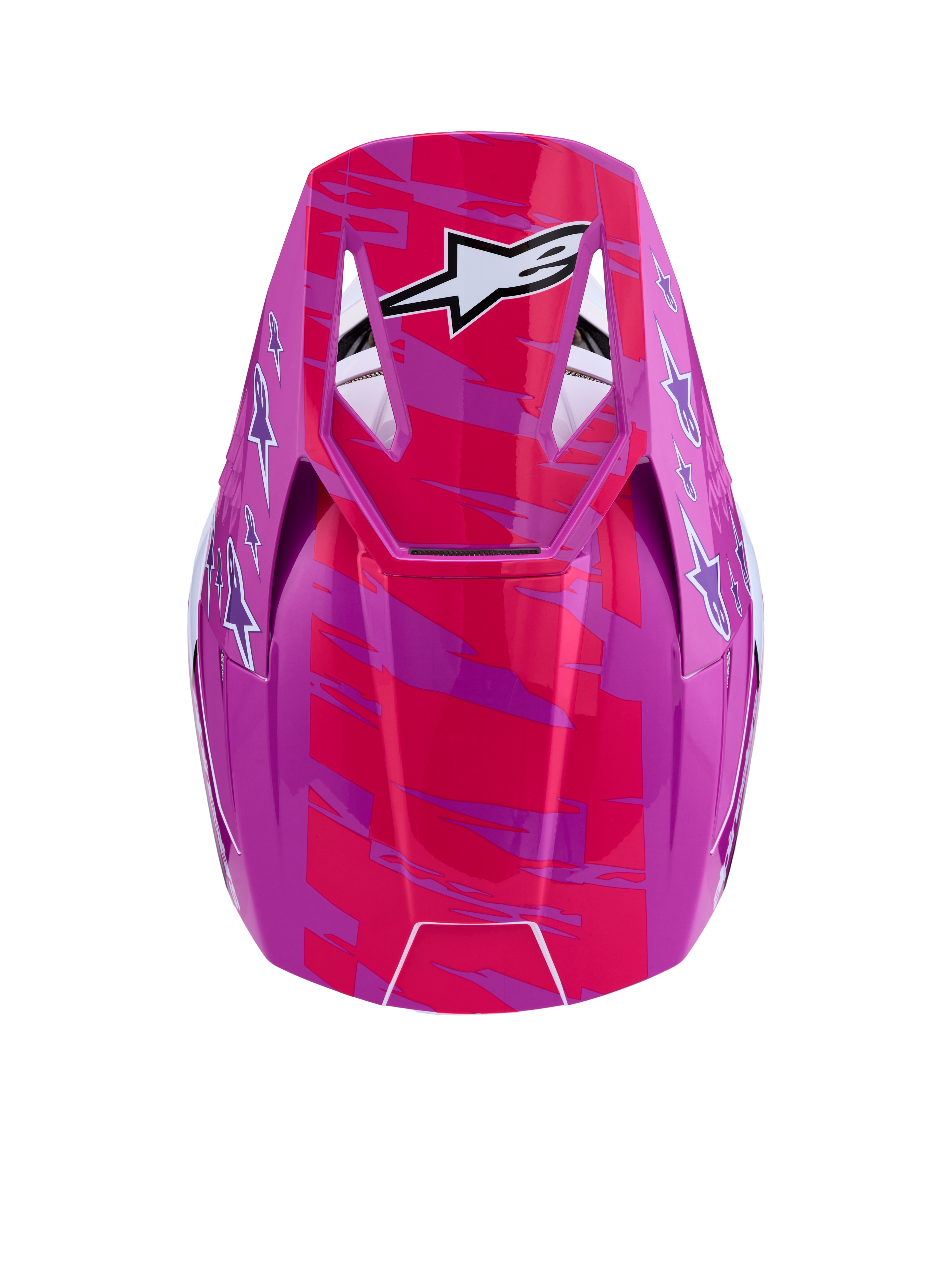 Alpinestars SM3 Falcon hjälm ECE06, glansig rosa och lila motocrosshjälm med vita stjärnlogotyper, vy uppifrån.