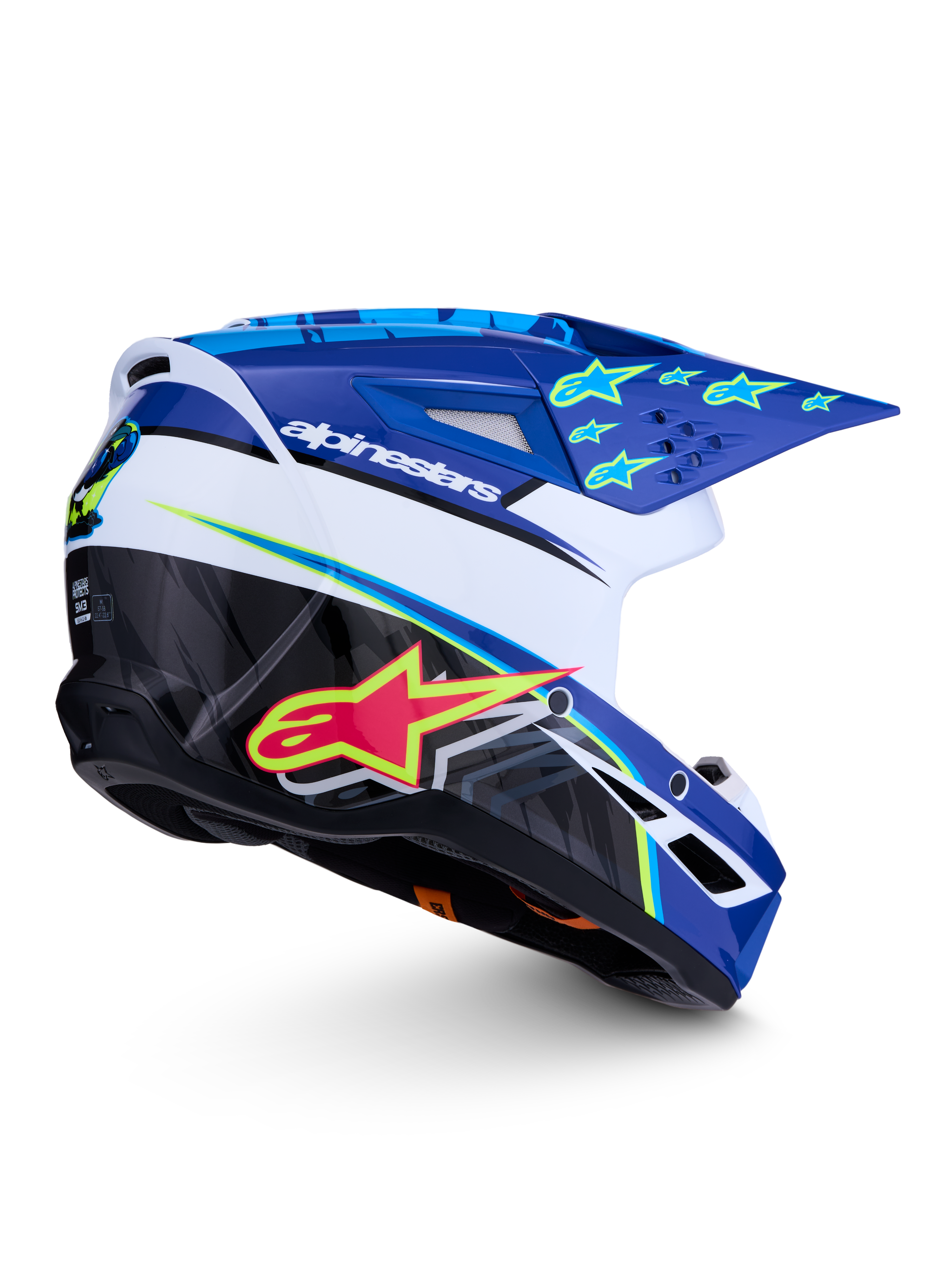 Alpinestars SM3 Falcon hjälm ECE06, blå, vit och svart motocrosshjälm med neongula detaljer och blank finish.