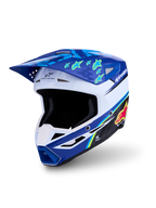 Alpinestars SM3 Falcon hjälm, blå och vit motocrosshjälm med gul stjärngrafik, ECE 22.06-certifierad.
