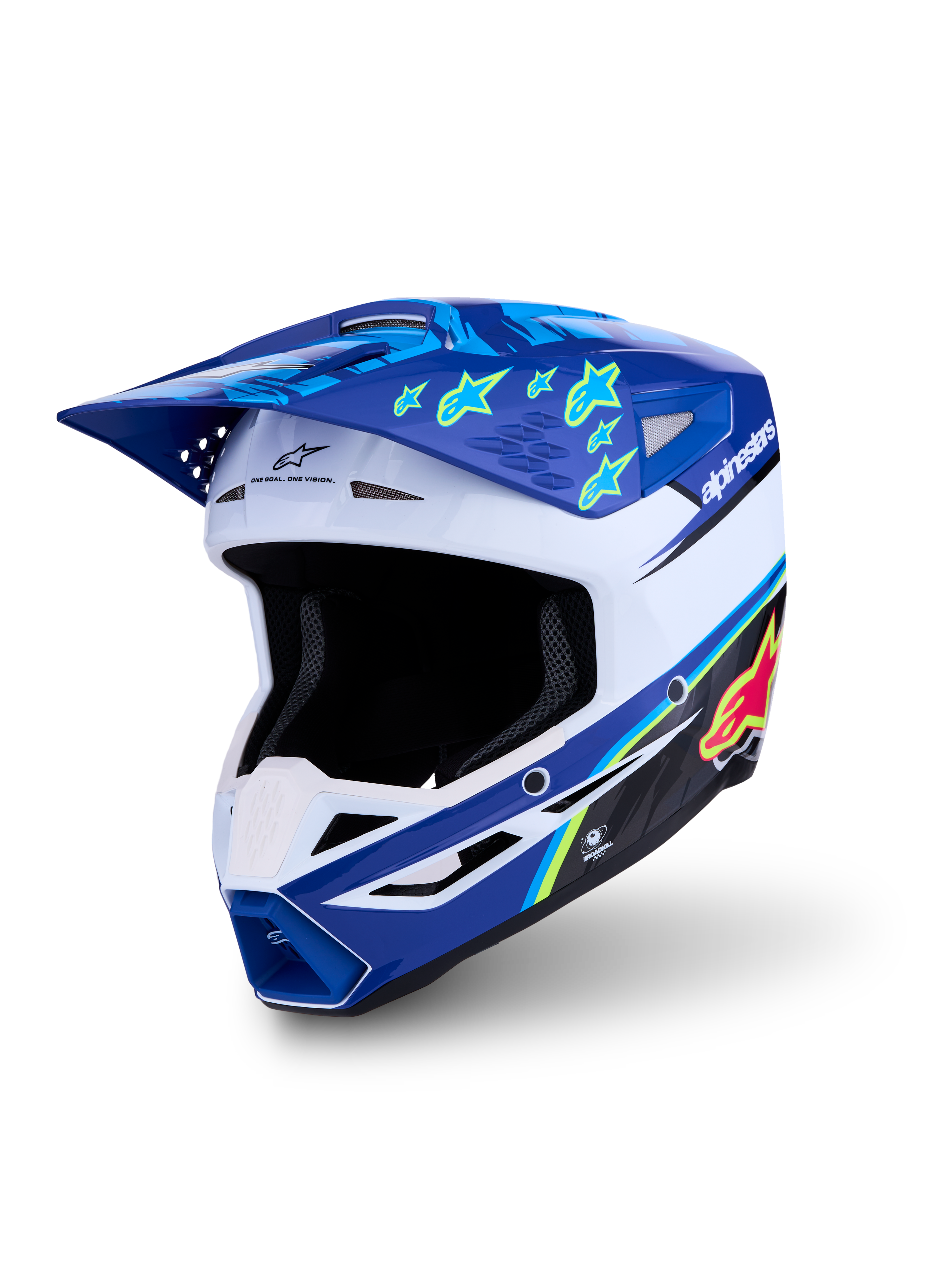 Alpinestars SM3 Falcon hjälm, blå och vit motocrosshjälm med gul stjärngrafik, ECE 22.06-certifierad.